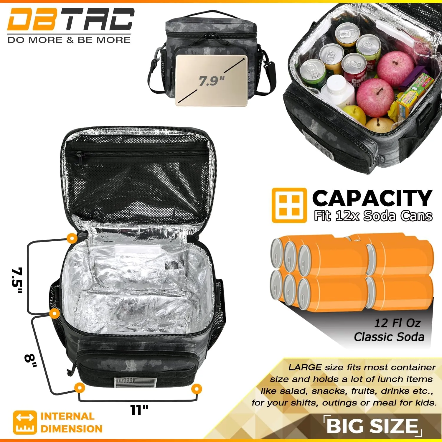 Tactical Lunch Bag for Men Women, 12 Cans Insulated Lunch Box for Adult | 9L Leakproof Lunch Cooler Tote for Work Office Outdoor Travel | Soft Easy To Clean Liner x2, LE Camo