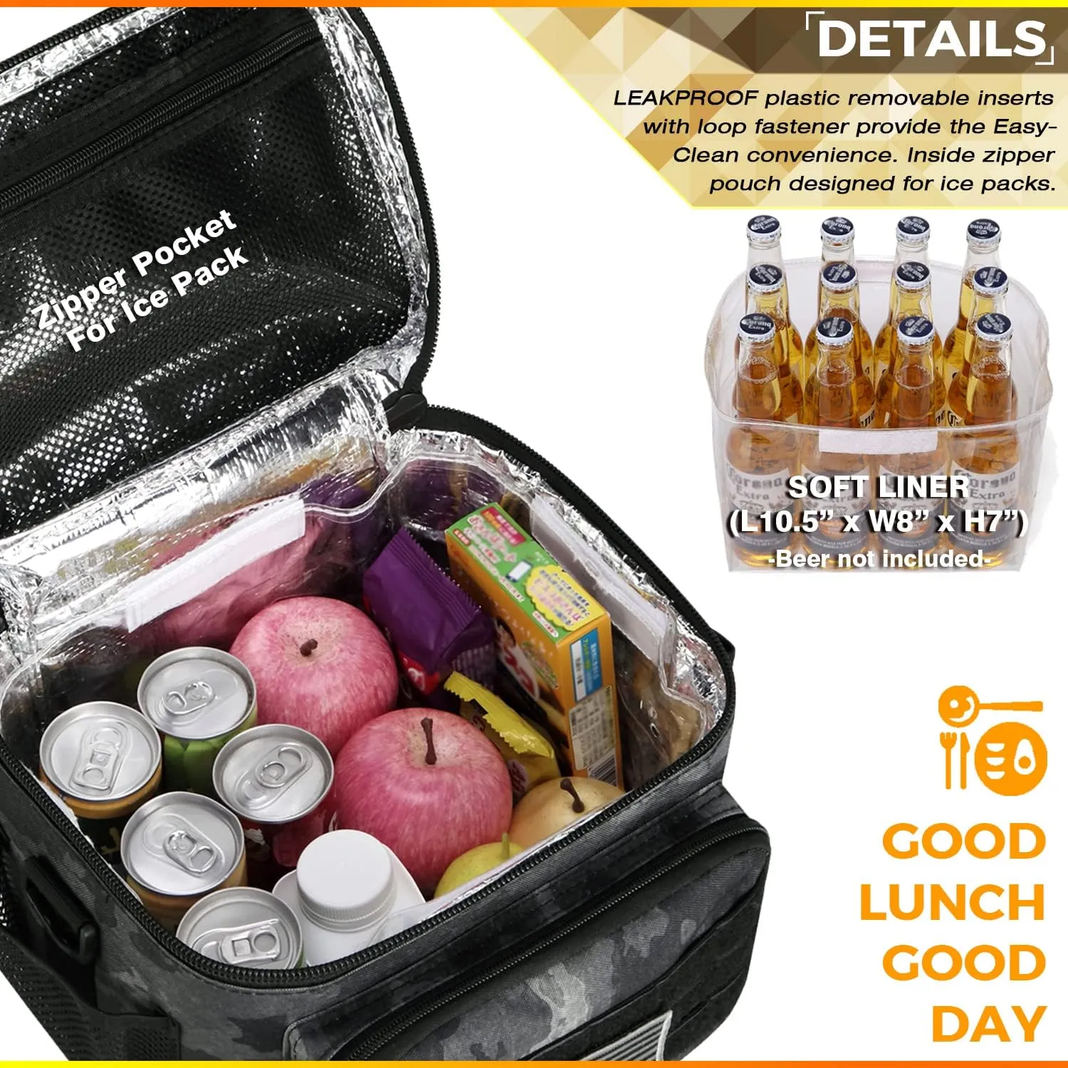 Tactical Lunch Bag for Men Women, 12 Cans Insulated Lunch Box for Adult | 9L Leakproof Lunch Cooler Tote for Work Office Outdoor Travel | Soft Easy To Clean Liner x2, LE Camo
