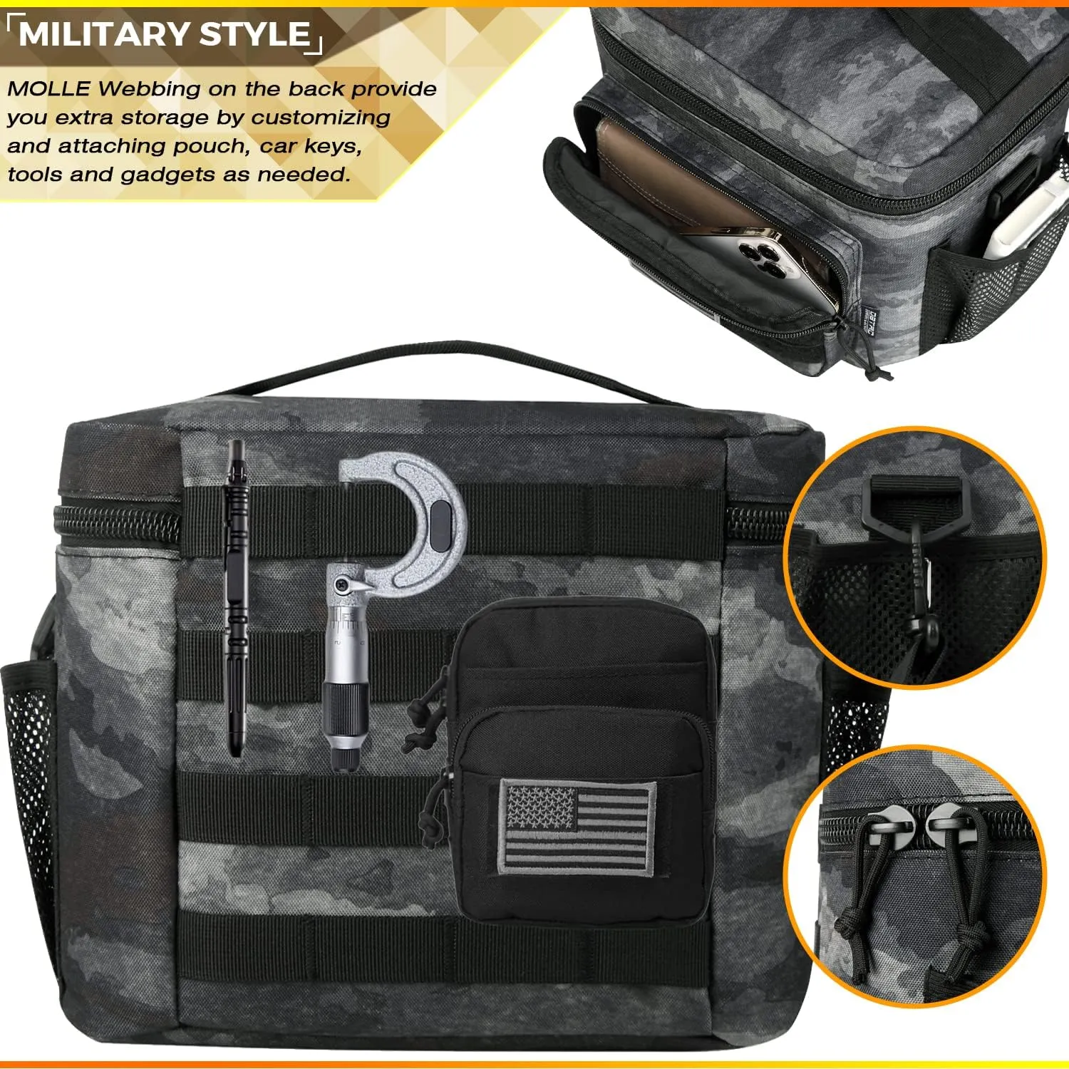 Tactical Lunch Bag for Men Women, 12 Cans Insulated Lunch Box for Adult | 9L Leakproof Lunch Cooler Tote for Work Office Outdoor Travel | Soft Easy To Clean Liner x2, LE Camo