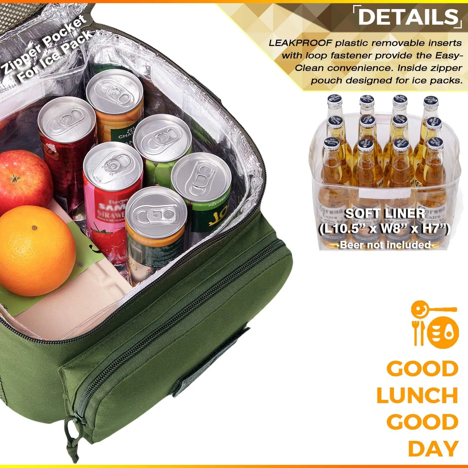 Tactical Lunch Bag for Men Women, 12 Cans Insulated Lunch Box for Adult | 9L Leakproof Lunch Cooler Tote for Work Office Outdoor Travel | Soft Easy To Clean Liner x2, OD Green