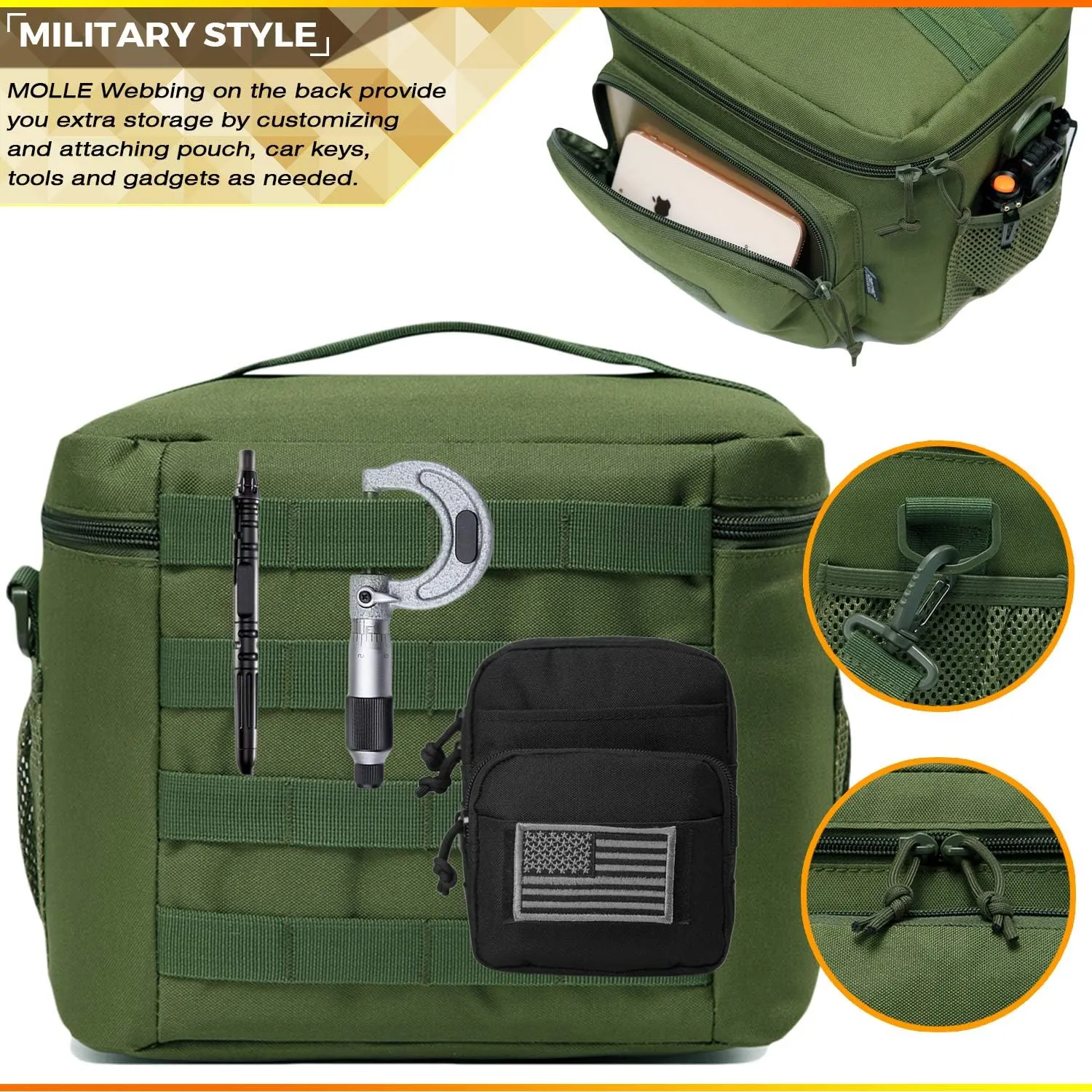 Tactical Lunch Bag for Men Women, 12 Cans Insulated Lunch Box for Adult | 9L Leakproof Lunch Cooler Tote for Work Office Outdoor Travel | Soft Easy To Clean Liner x2, OD Green