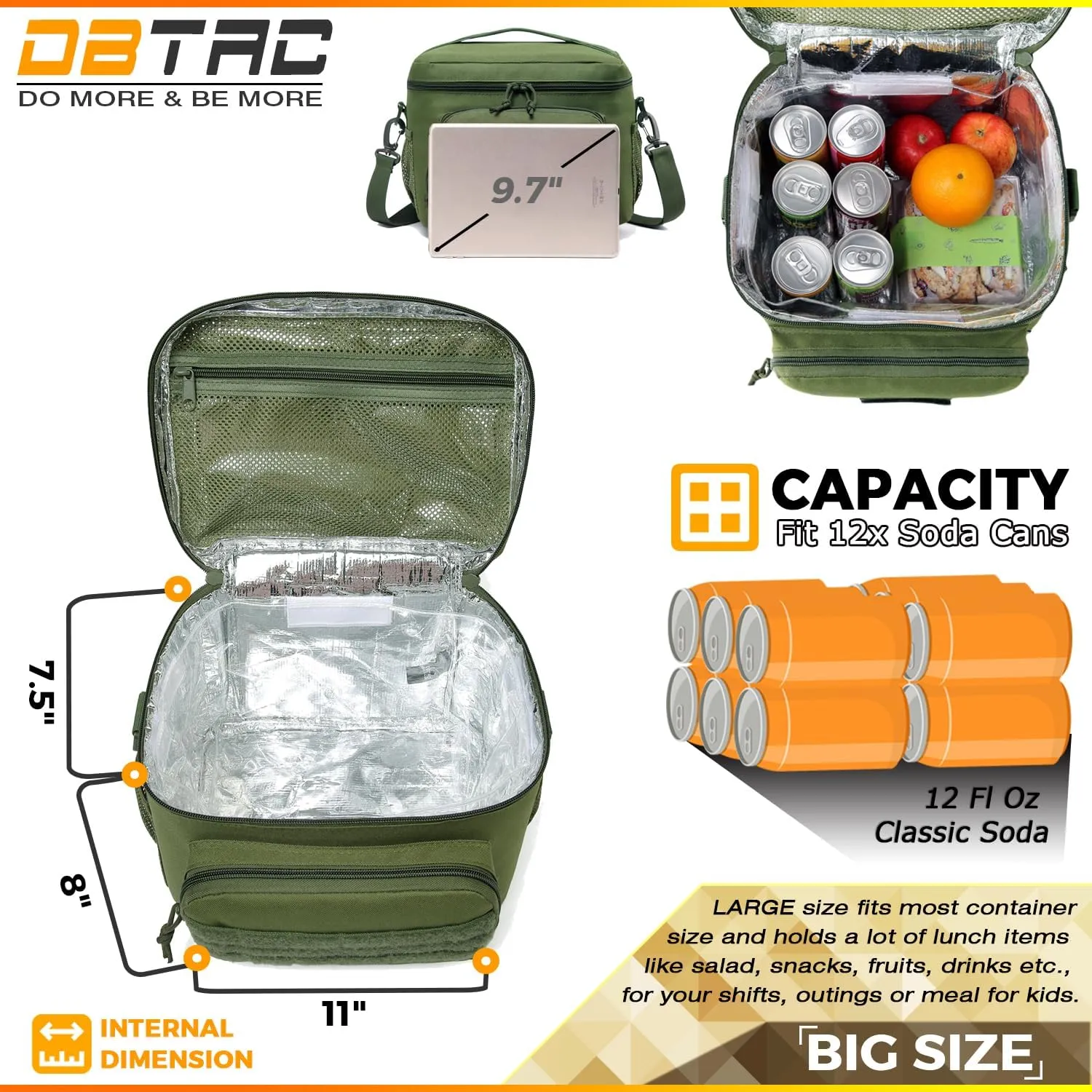 Tactical Lunch Bag for Men Women, 12 Cans Insulated Lunch Box for Adult | 9L Leakproof Lunch Cooler Tote for Work Office Outdoor Travel | Soft Easy To Clean Liner x2, OD Green