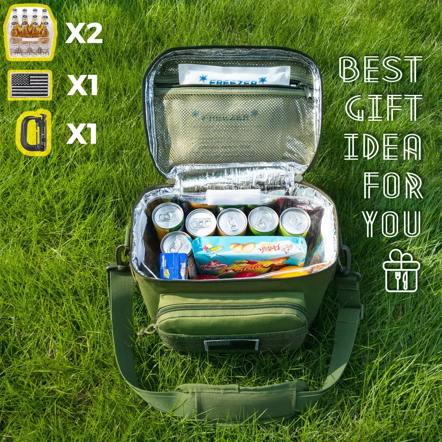 Tactical Lunch Bag for Men Women, 12 Cans Insulated Lunch Box for Adult | 9L Leakproof Lunch Cooler Tote for Work Office Outdoor Travel | Soft Easy To Clean Liner x2, OD Green