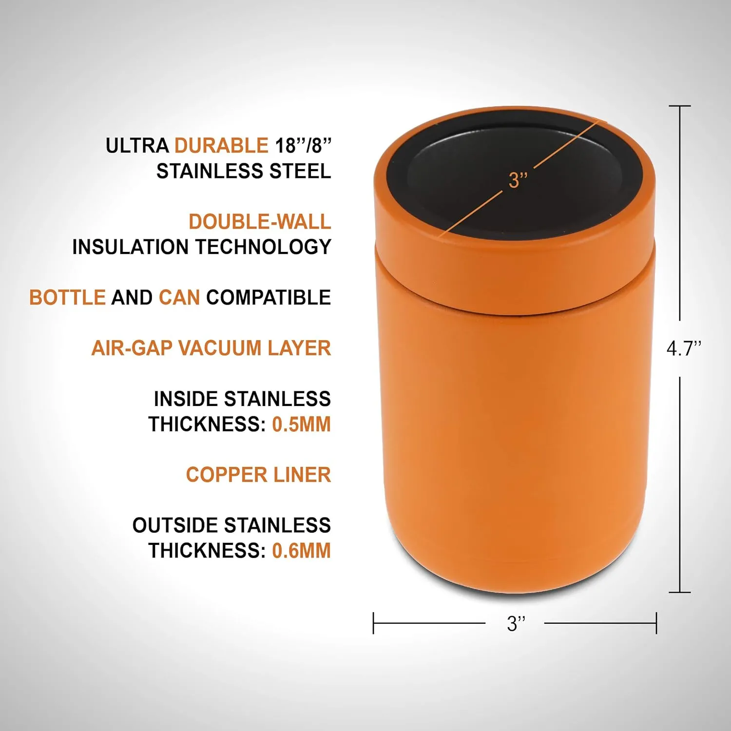 Tahoe Trails Stainless Steel 12oz Vacuum Insulated Can and Bottle Cooler | Double Wall Can Cooler For Cans and Bottles | Copper Plated Can Chiller and Metal Cooler | Orange