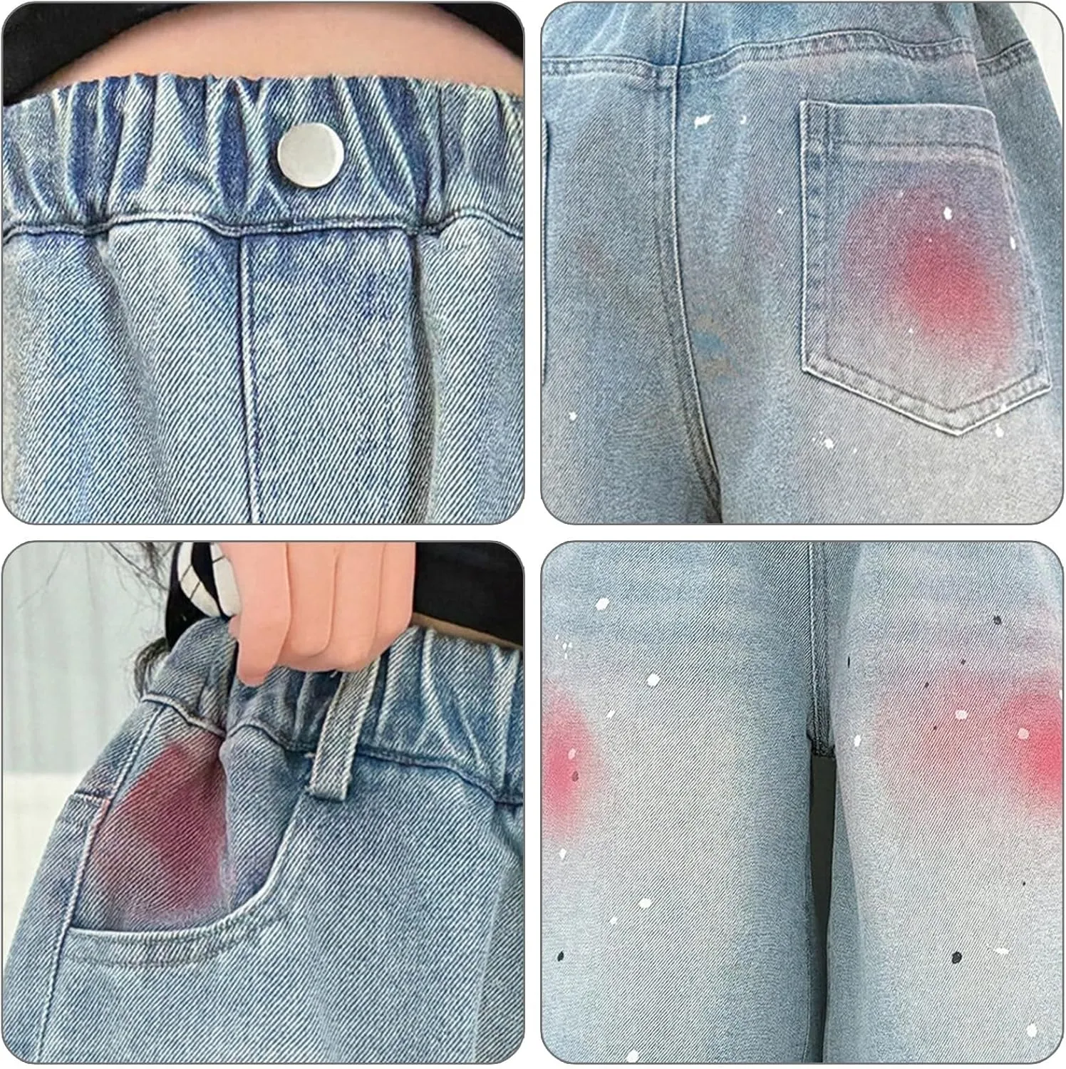 Teens Girls Straight Shorts High Waist Lightweight Jeans Casual Print Denim Shorts Elastic Waist Baggy Short Pants