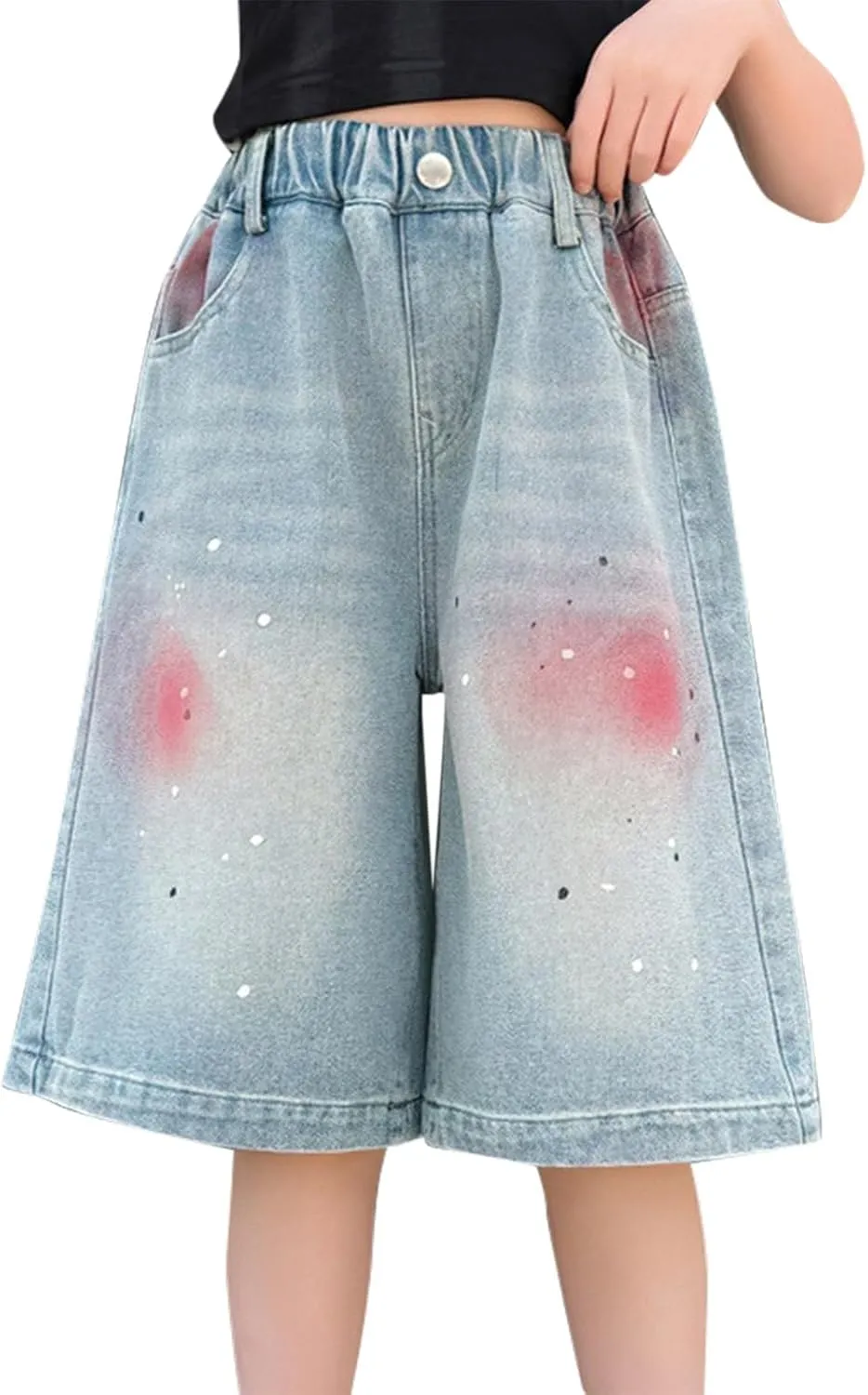 Teens Girls Straight Shorts High Waist Lightweight Jeans Casual Print Denim Shorts Elastic Waist Baggy Short Pants