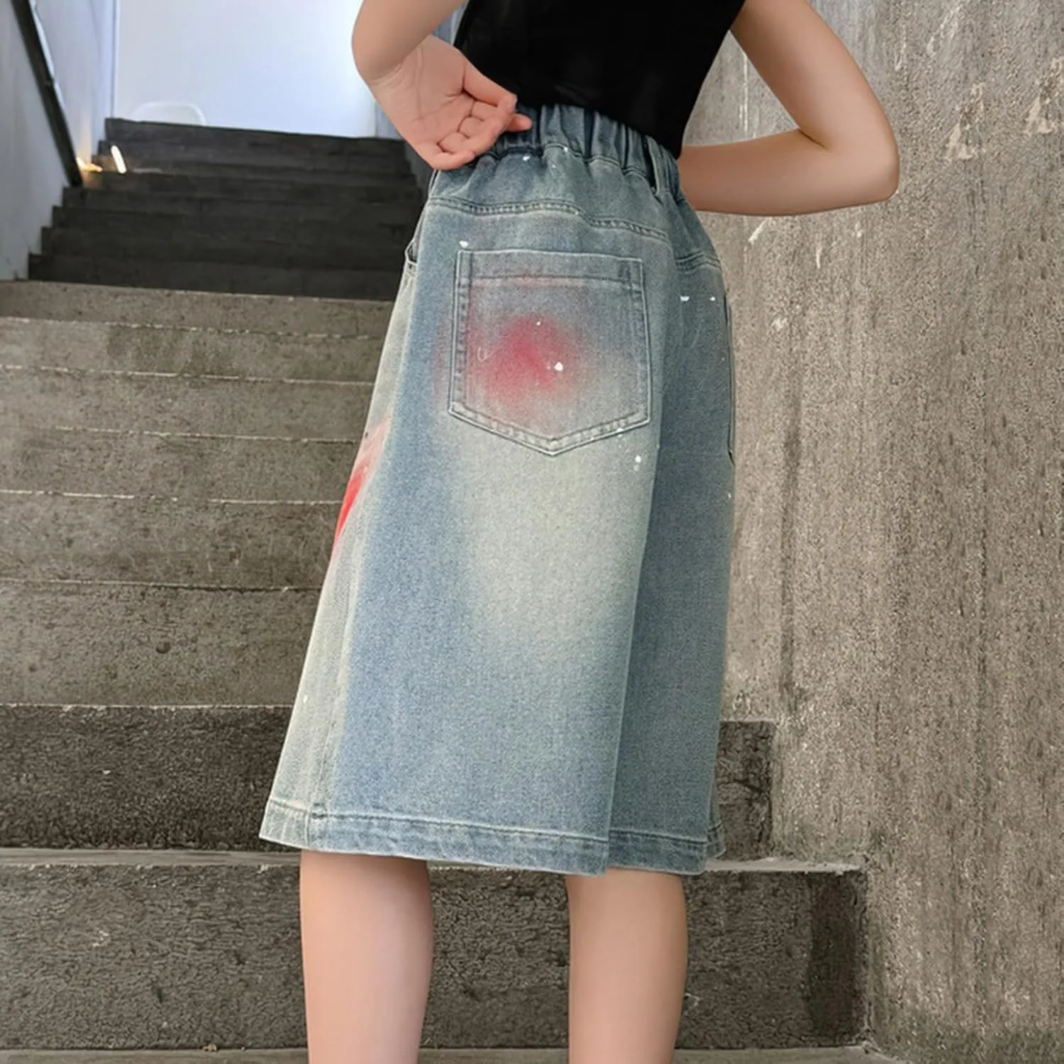 Teens Girls Straight Shorts High Waist Lightweight Jeans Casual Print Denim Shorts Elastic Waist Baggy Short Pants