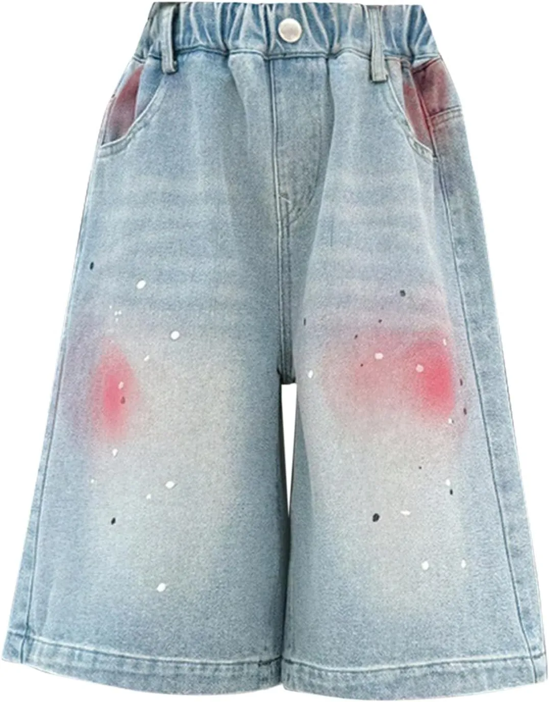 Teens Girls Straight Shorts High Waist Lightweight Jeans Casual Print Denim Shorts Elastic Waist Baggy Short Pants