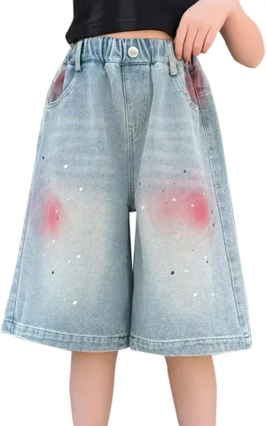 Teens Girls Straight Shorts High Waist Lightweight Jeans Casual Print Denim Shorts Elastic Waist Baggy Short Pants