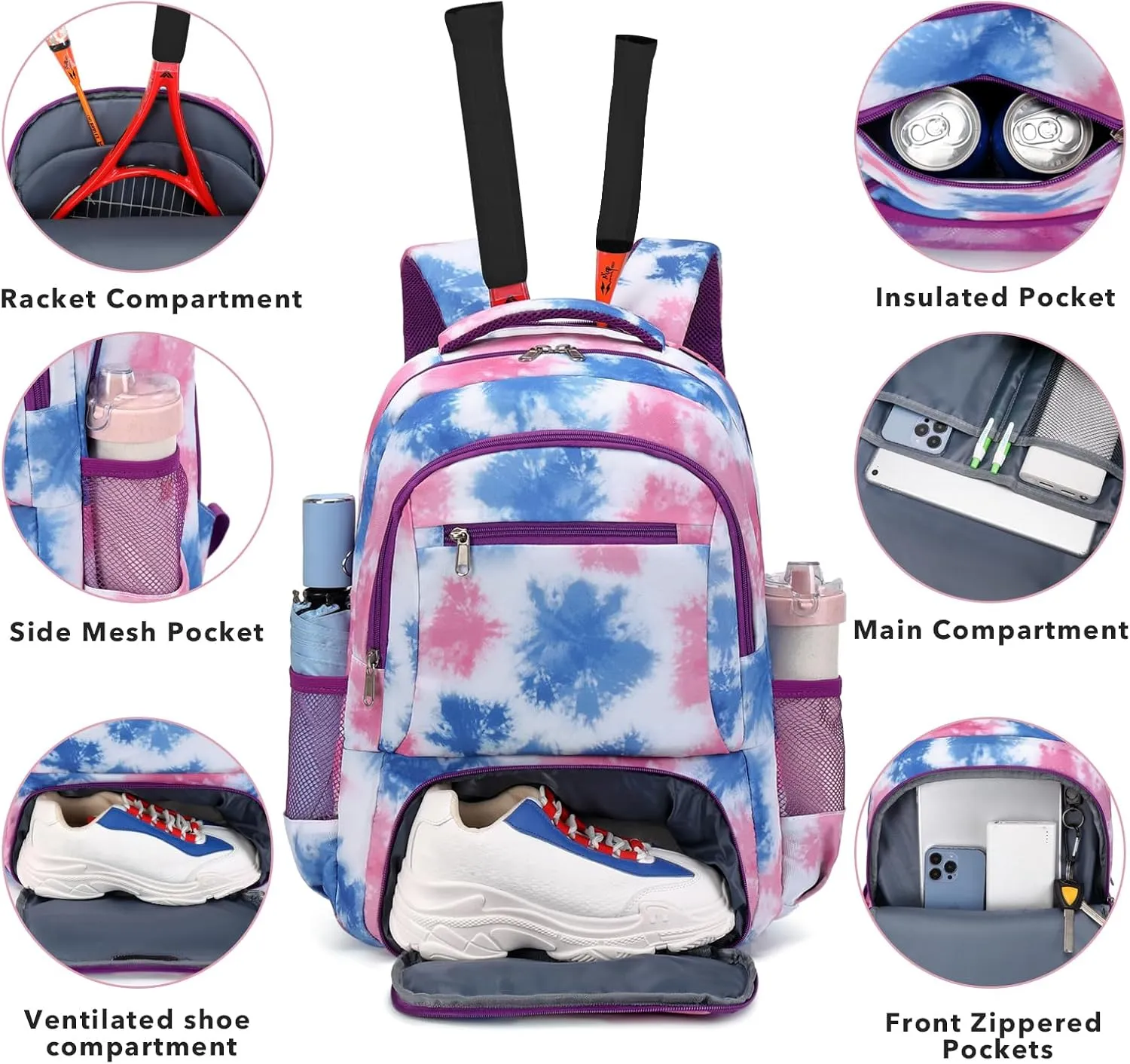 Tennis Backpack Tennis Bag for Women Men - Tennis Bag Holds 2 Rackets, Badminton Squash, Pickleball Paddles Balls
