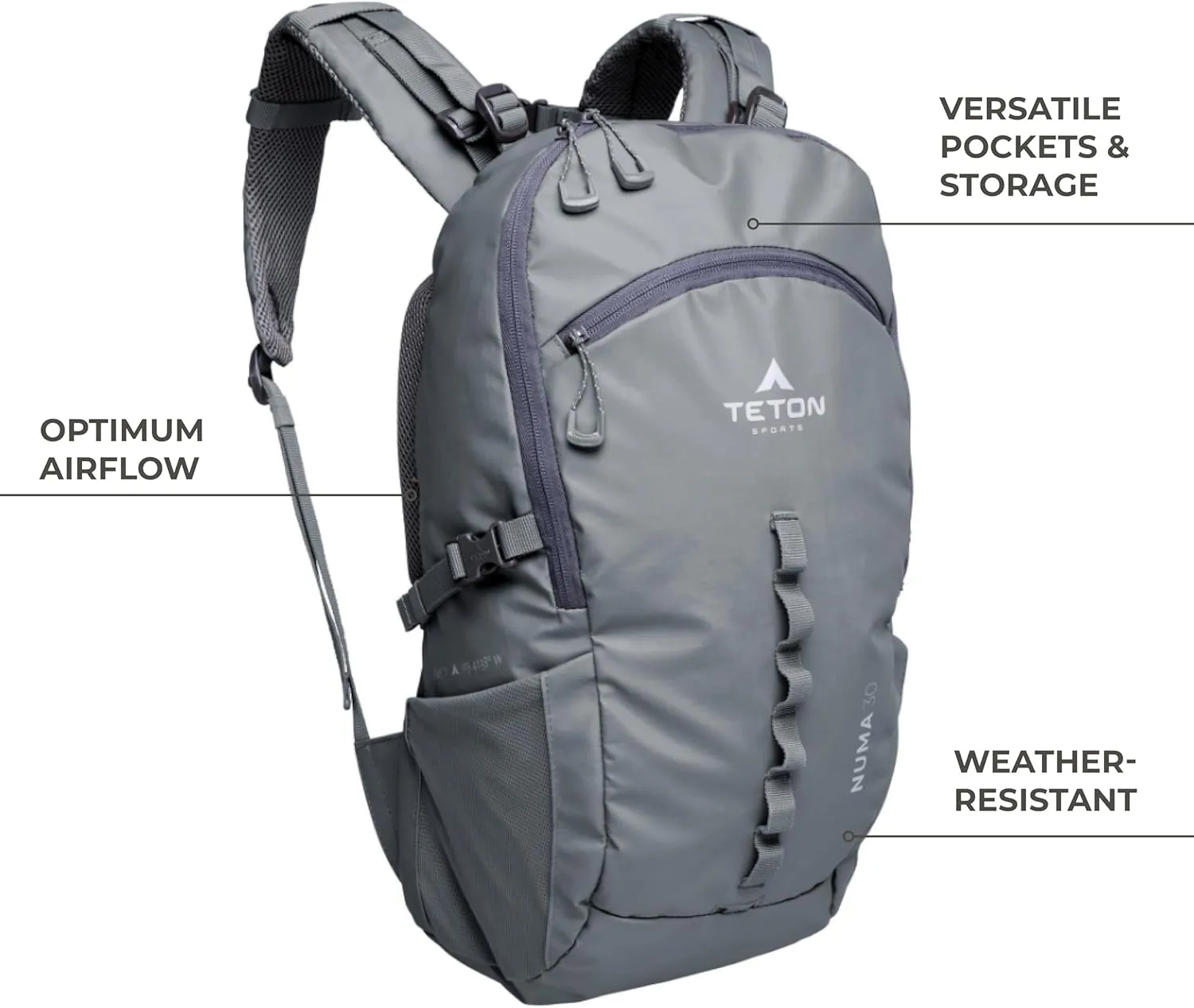 TETON Sports Numa backpack, sleek design, durable and ready for hiking, camping or backpacking. Lightweight with more room than you think. Perfect bugout bag. 30L, Onyx
