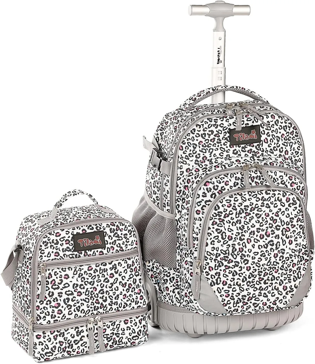Tilami Rolling Backpack 19 inch with Lunch Bag Wheeled Laptop Backpack, Leopard White