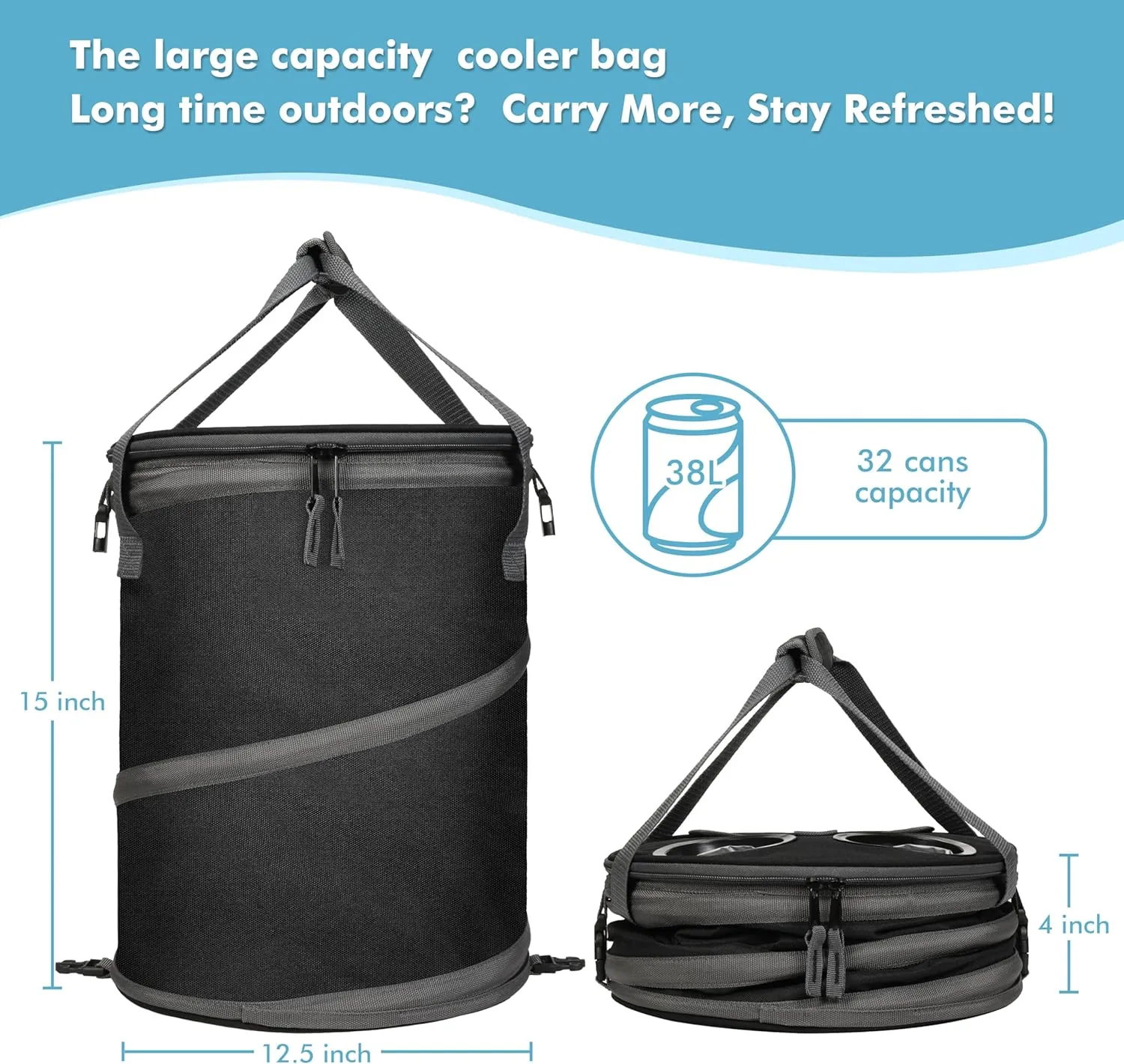 Tirrinia Large Pop-Up Cooler Bag- Insulated Collapsible Cooler with Flat Drink Table, Lightweight and Portable Ice Round Cooler for Travel, Fishing, Picnics, Hiking, Camping and Beach,Black
