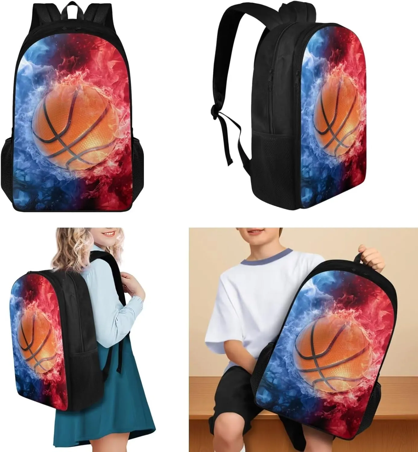 TOADDITDO Basketball School Backpack for Boys with Lunch Box and Water Bottle Water and Fire Print 10-12 Kids Big School Bag 5 Grade Daypack Student Camping Rucksack Travel Shoulder Bags Back Pack