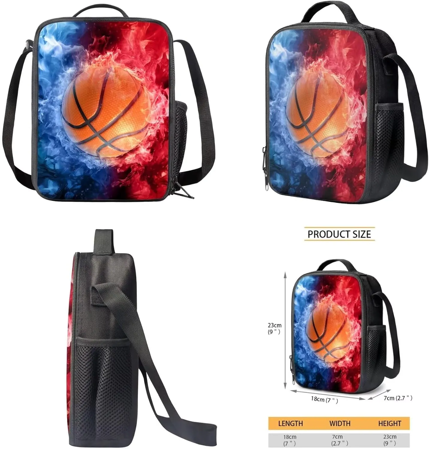 TOADDITDO Basketball School Backpack for Boys with Lunch Box and Water Bottle Water and Fire Print 10-12 Kids Big School Bag 5 Grade Daypack Student Camping Rucksack Travel Shoulder Bags Back Pack