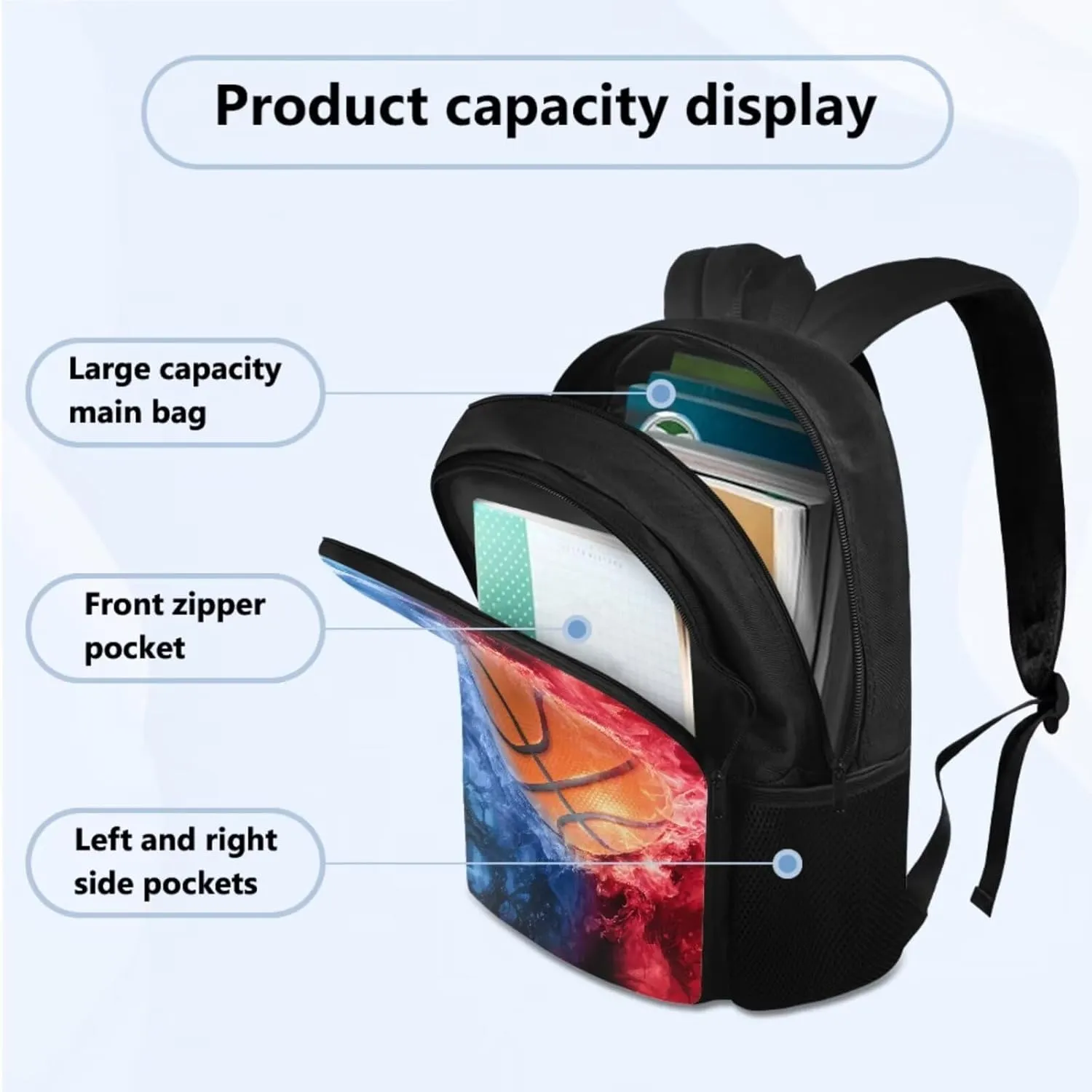 TOADDITDO Basketball School Backpack for Boys with Lunch Box and Water Bottle Water and Fire Print 10-12 Kids Big School Bag 5 Grade Daypack Student Camping Rucksack Travel Shoulder Bags Back Pack
