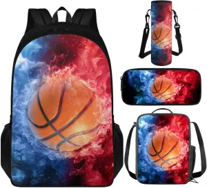 TOADDITDO Basketball School Backpack for Boys with Lunch Box and Water Bottle Water and Fire Print 10-12 Kids Big School Bag 5 Grade Daypack Student Camping Rucksack Travel Shoulder Bags Back Pack