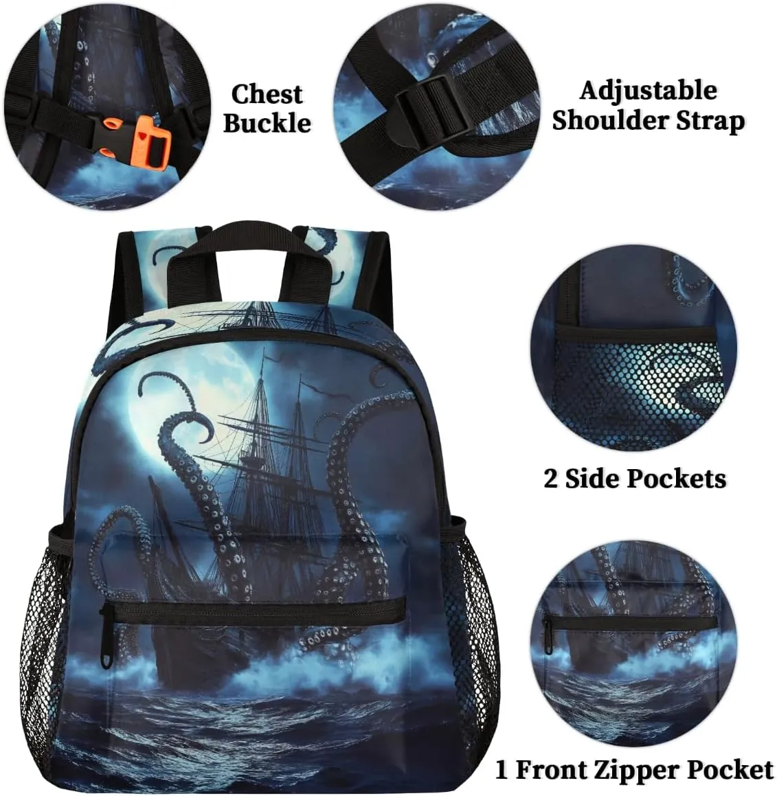 Toddler Backpack Kraken Octopus Pirate Ship Kindergarden Kids Bacpack for Boys Girls Preschool Bag Ocean Sea Animal Lightweight Small Travel Rucksack Bag with Bottle Holder