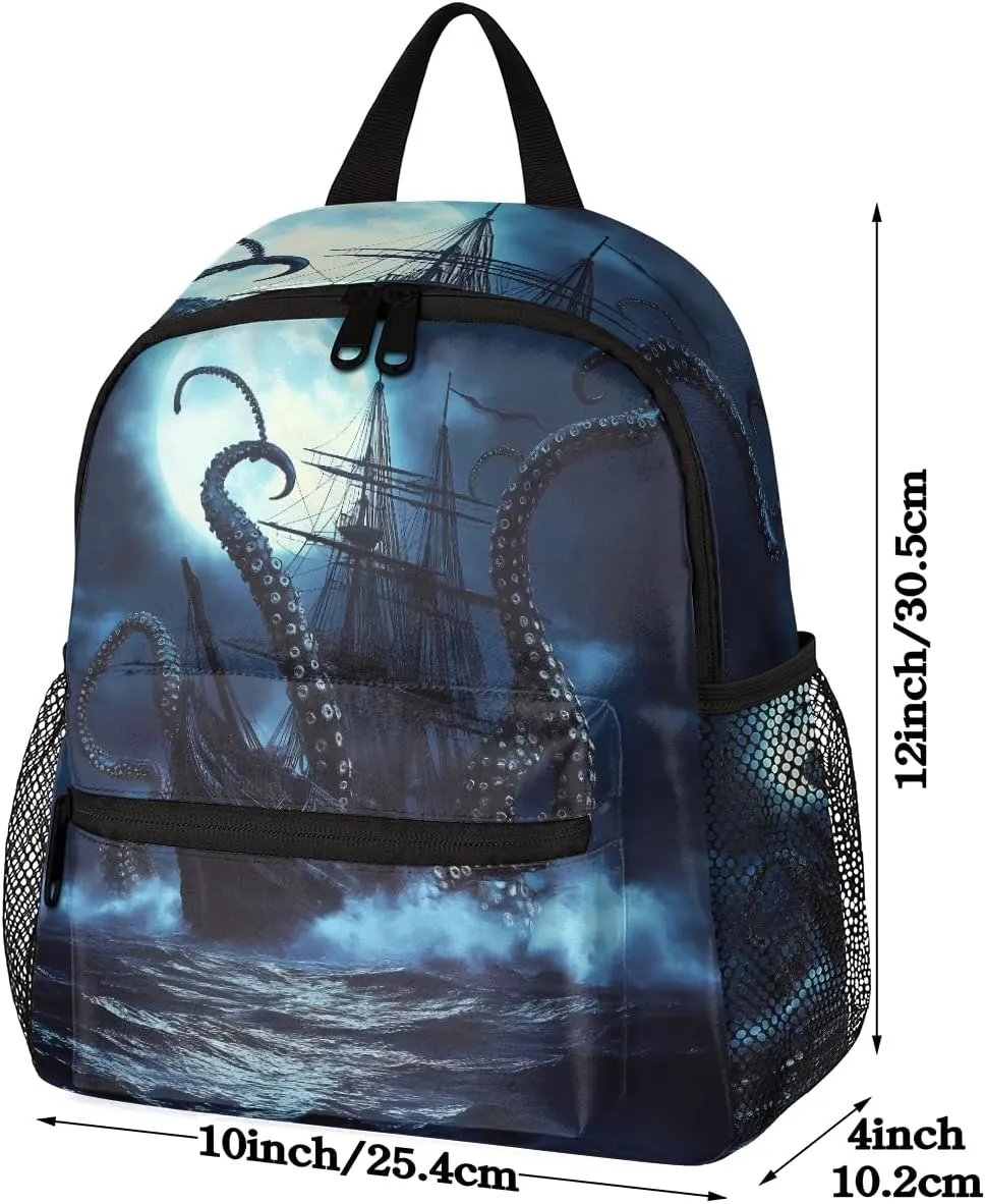 Toddler Backpack Kraken Octopus Pirate Ship Kindergarden Kids Bacpack for Boys Girls Preschool Bag Ocean Sea Animal Lightweight Small Travel Rucksack Bag with Bottle Holder