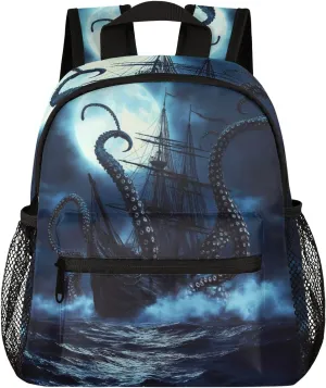 Toddler Backpack Kraken Octopus Pirate Ship Kindergarden Kids Bacpack for Boys Girls Preschool Bag Ocean Sea Animal Lightweight Small Travel Rucksack Bag with Bottle Holder