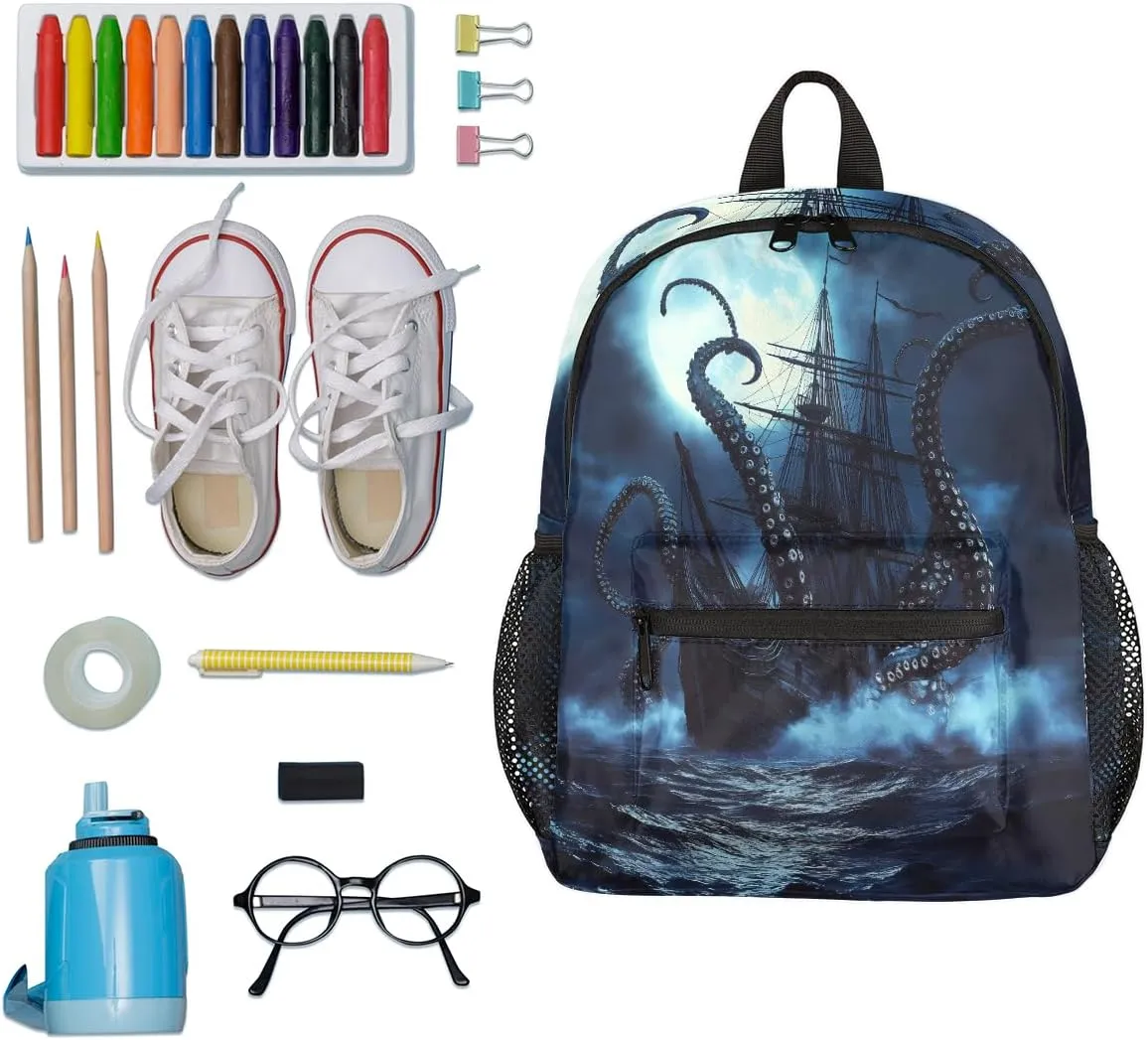 Toddler Backpack Kraken Octopus Pirate Ship Kindergarden Kids Bacpack for Boys Girls Preschool Bag Ocean Sea Animal Lightweight Small Travel Rucksack Bag with Bottle Holder