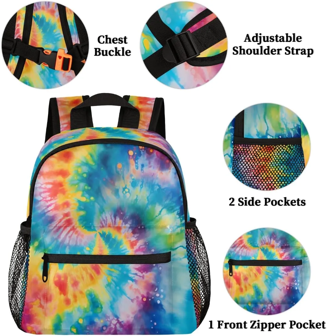 Toddler Backpack Rainbow Tie Dye Kindergarden Kids Bacpack for Boys Girls Preschool Bag Colorful Art Lightweight Small Travel Rucksack Bag with Bottle Holder