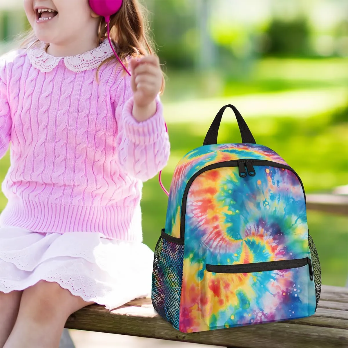 Toddler Backpack Rainbow Tie Dye Kindergarden Kids Bacpack for Boys Girls Preschool Bag Colorful Art Lightweight Small Travel Rucksack Bag with Bottle Holder