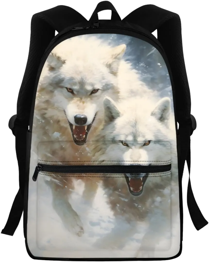 Toddler Boys Cool Wolf Backpacks Kids Teens Children Book Bags Laptop Backpack Travel Daypacks with Side Pouch,Anger White Wolf