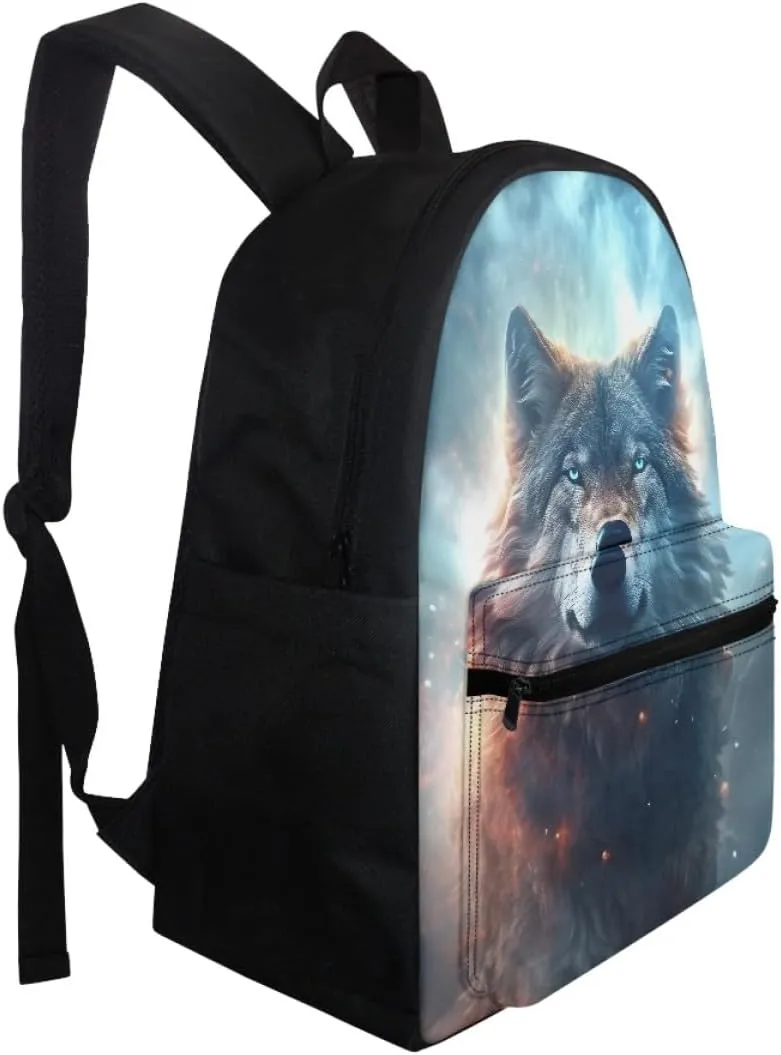 Toddler Boys Cool Wolf Backpacks Kids Teens Children Book Bags Laptop Backpack Travel Daypacks with Side Pouch,Blue Eyes Wolf