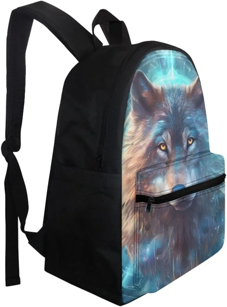 Toddler Boys Cool Wolf Backpacks Kids Teens Children Book Bags Laptop Backpack Travel Daypacks with Side Pouch,Blue Galaxy Wolf