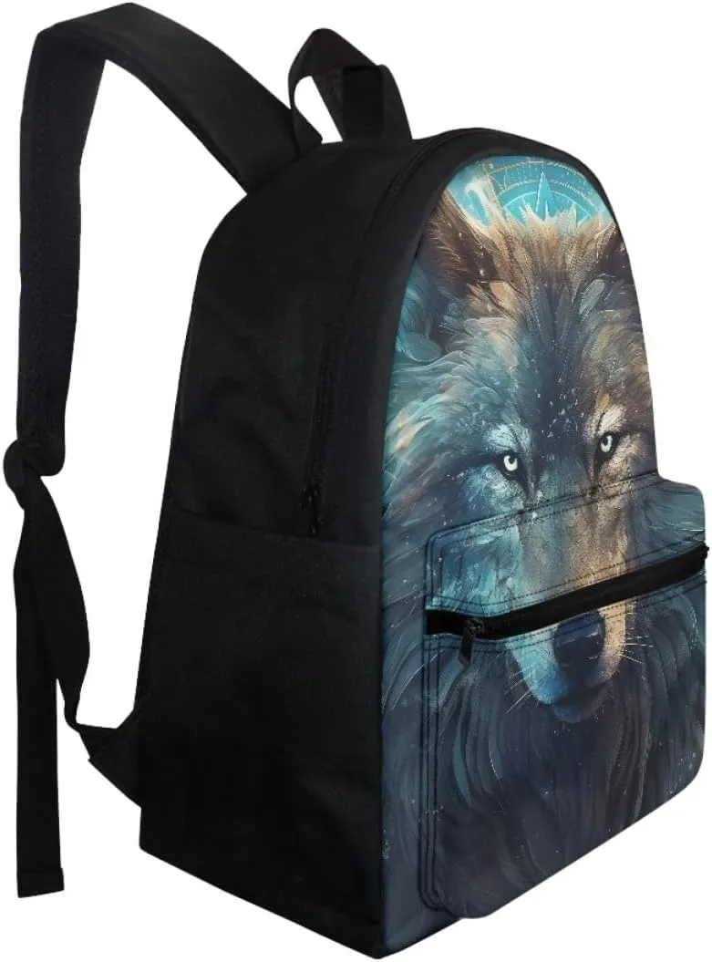 Toddler Boys Cool Wolf Backpacks Kids Teens Children Book Bags Laptop Backpack Travel Daypacks with Side Pouch,Blue Wolf