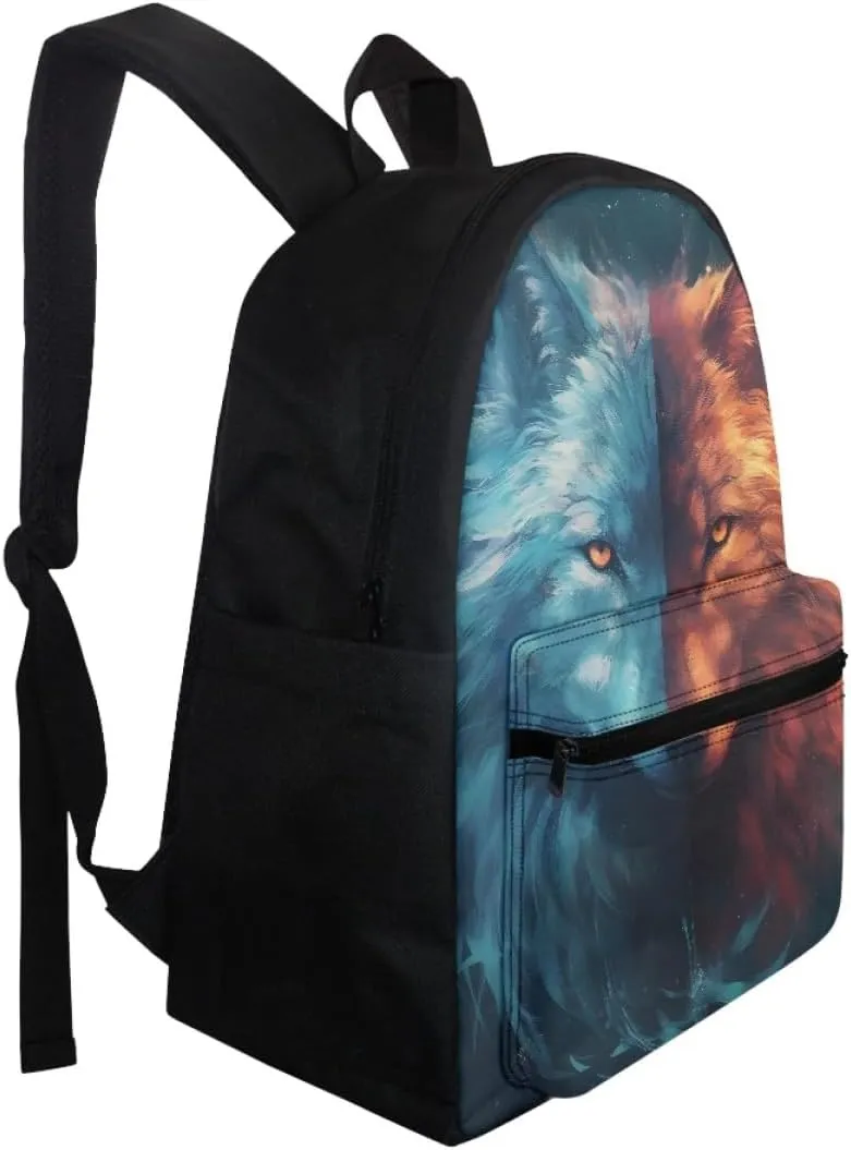 Toddler Boys Cool Wolf Backpacks Kids Teens Children Book Bags Laptop Backpack Travel Daypacks with Side Pouch,Fire Ice Wolf
