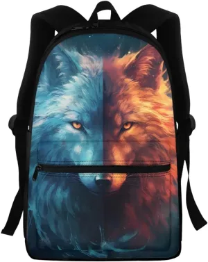 Toddler Boys Cool Wolf Backpacks Kids Teens Children Book Bags Laptop Backpack Travel Daypacks with Side Pouch,Fire Ice Wolf