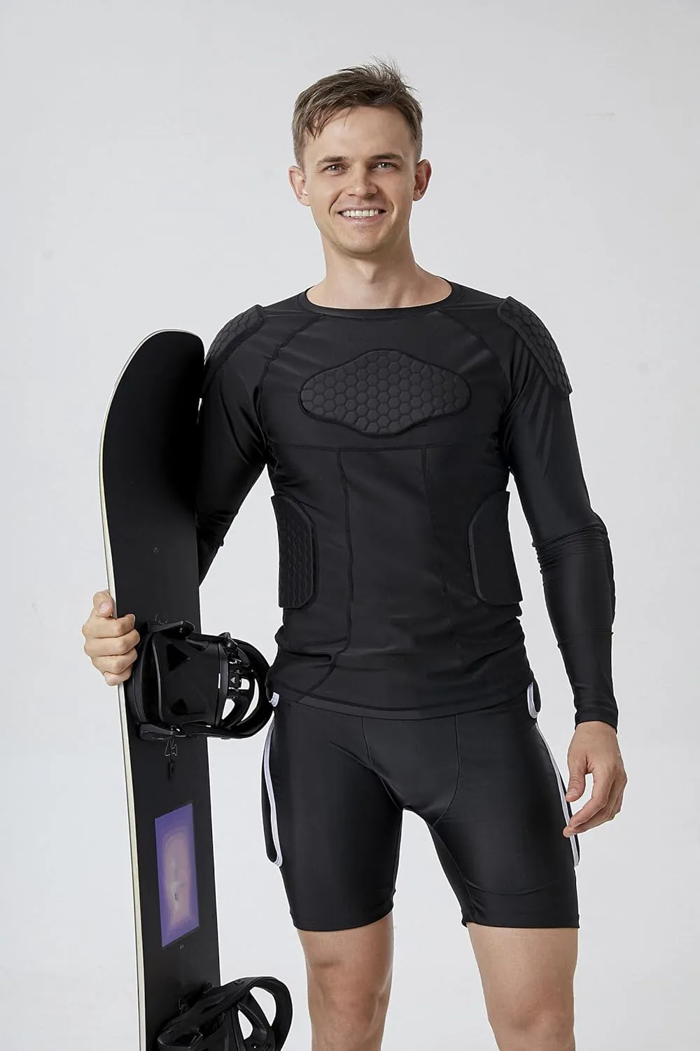 Topeter Men’s Padded Compression Shirt Long Sleeve Shoulder Chest Rib Protector T-Shirt