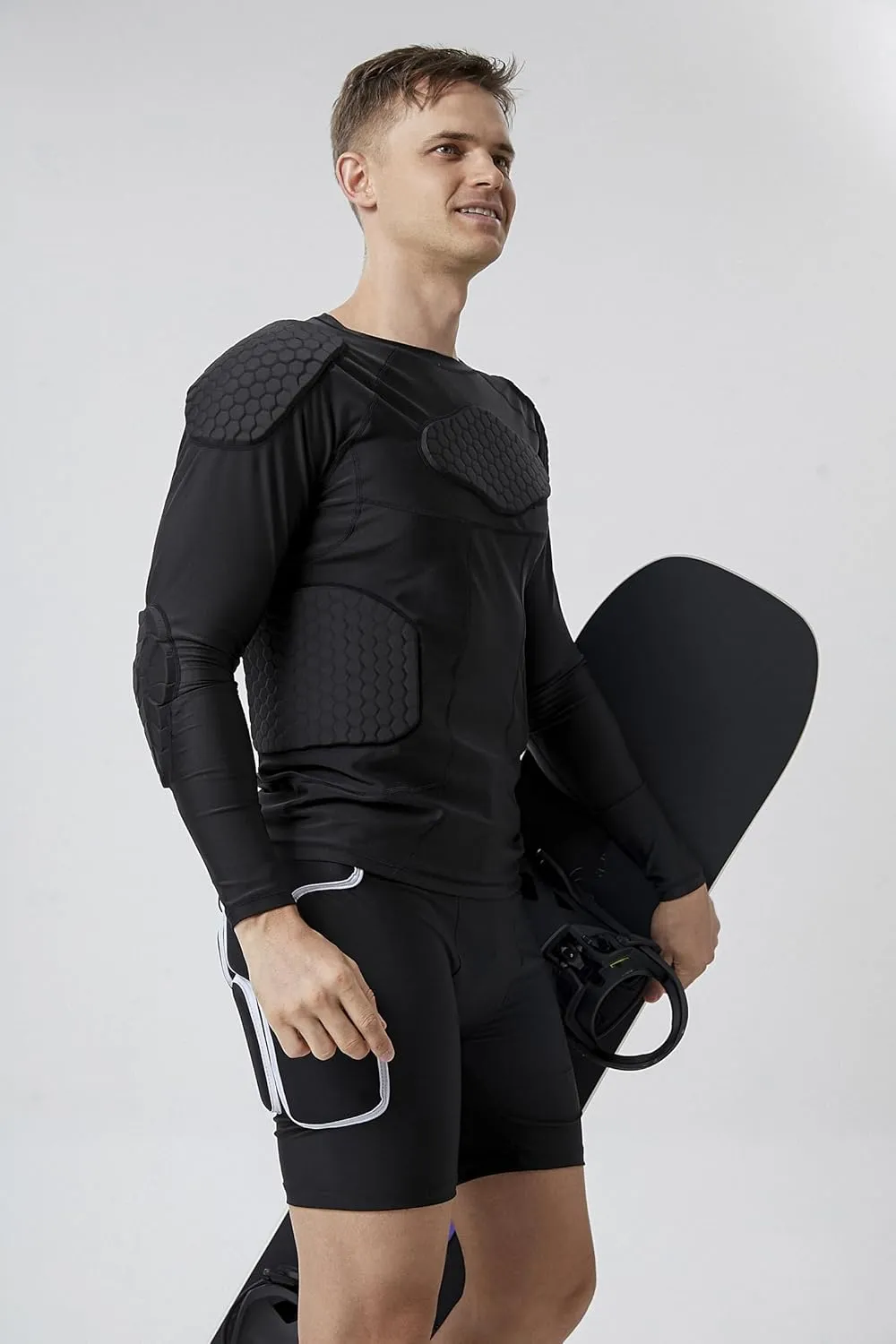 Topeter Men’s Padded Compression Shirt Long Sleeve Shoulder Chest Rib Protector T-Shirt