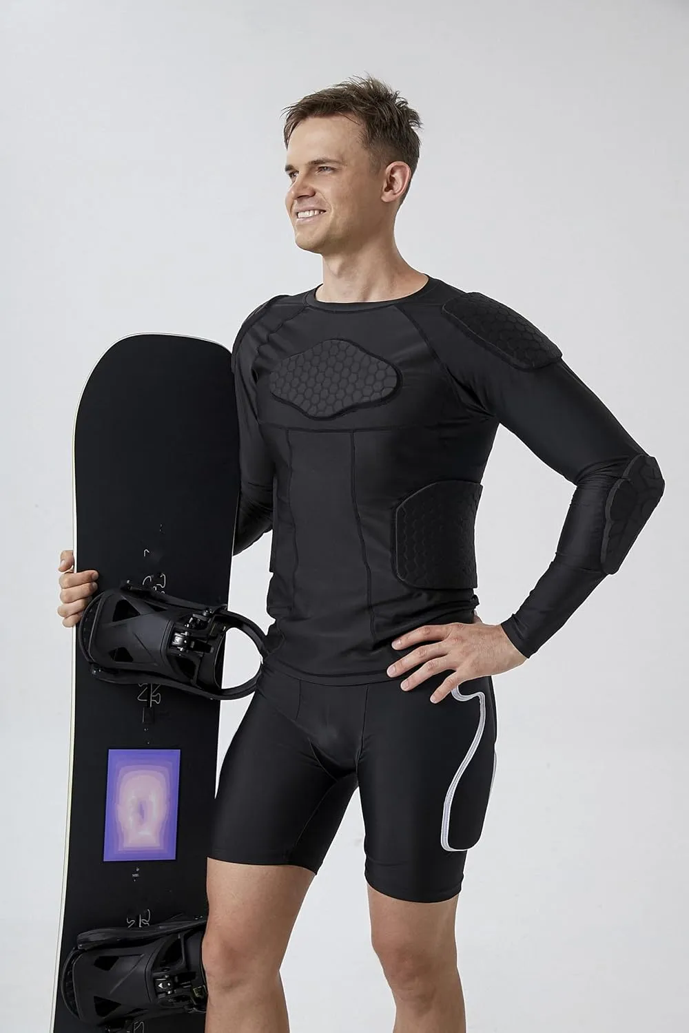 Topeter Men’s Padded Compression Shirt Long Sleeve Shoulder Chest Rib Protector T-Shirt