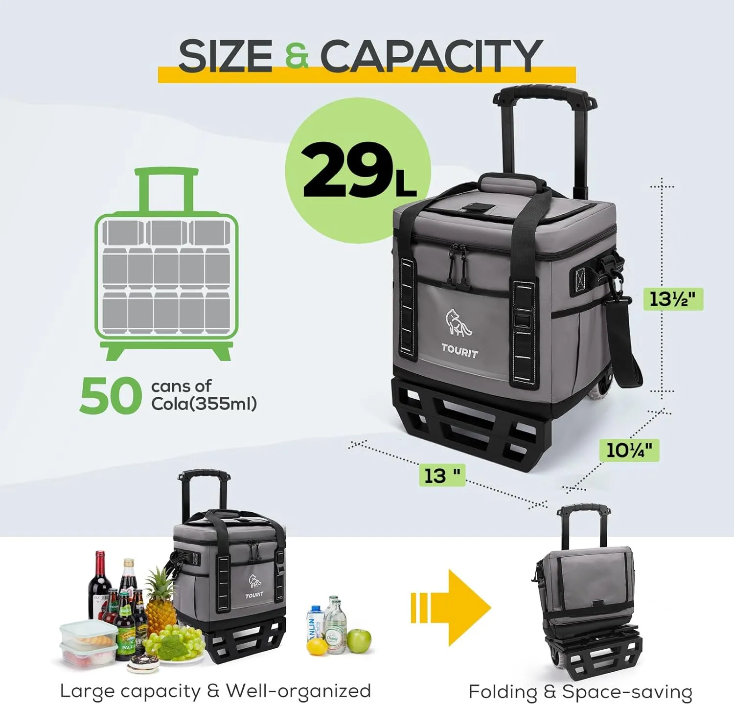 TOURIT Portable 50-Can Collapsible Rolling Soft Cooler with 29L Space & Reinforced All-Terrain Cart with Wheels Easy Transportation, Large Leakproof Travel Beach Ice Chest for Grocery Shopping