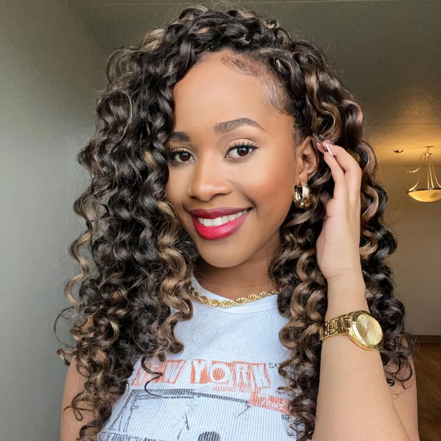 Toyotress Ocean Wave Crochet Hair - 16 Inch 8 Packs Brown Highlight 3 Tones Ocean Wave Braiding Hair, Beach Curl Deep Twist Synthetic Braiding Hair Extensions (16 Inch, P1B/30/27-8P)