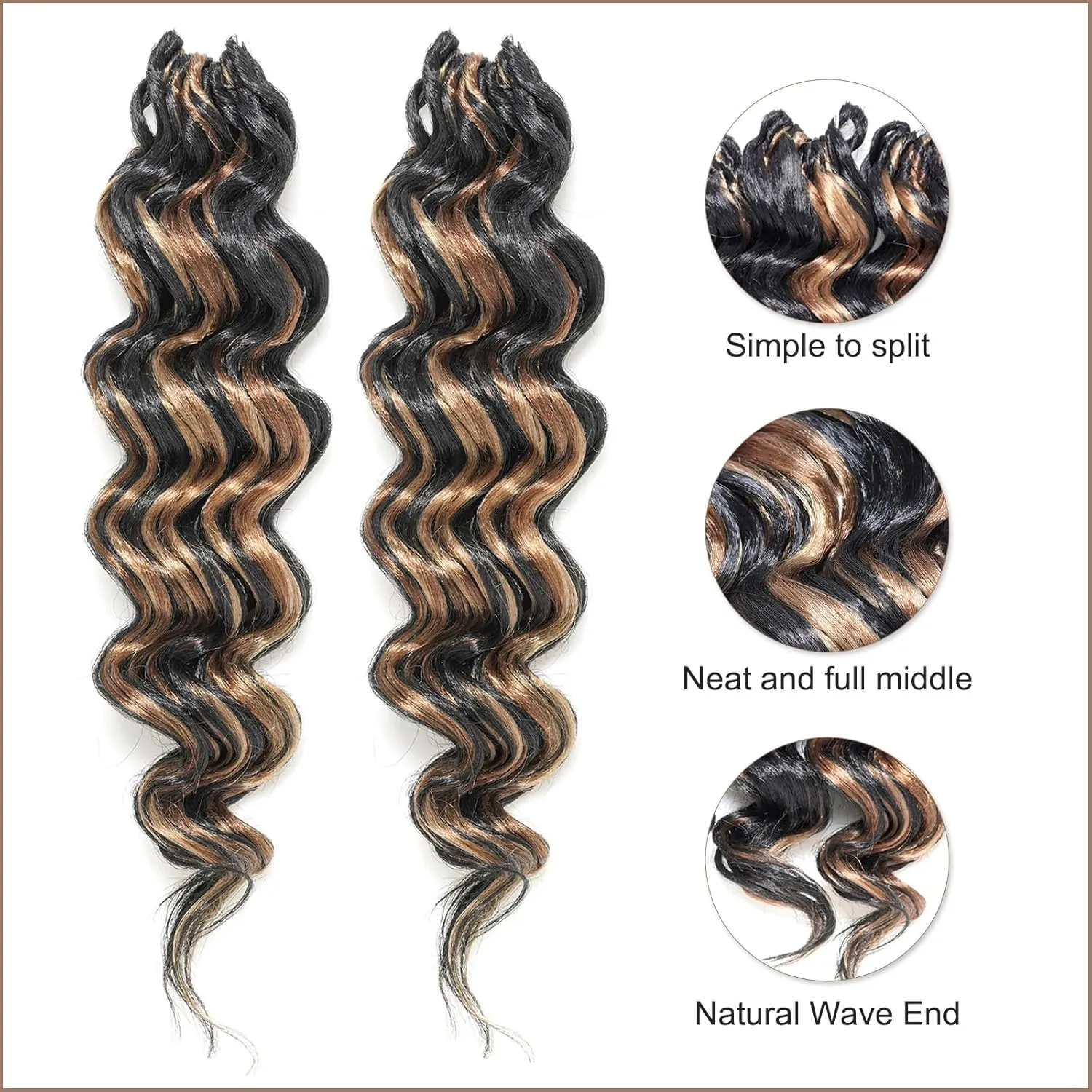 Toyotress Ocean Wave Crochet Hair - 16 Inch 8 Packs Brown Highlight 3 Tones Ocean Wave Braiding Hair, Beach Curl Deep Twist Synthetic Braiding Hair Extensions (16 Inch, P1B/30/27-8P)