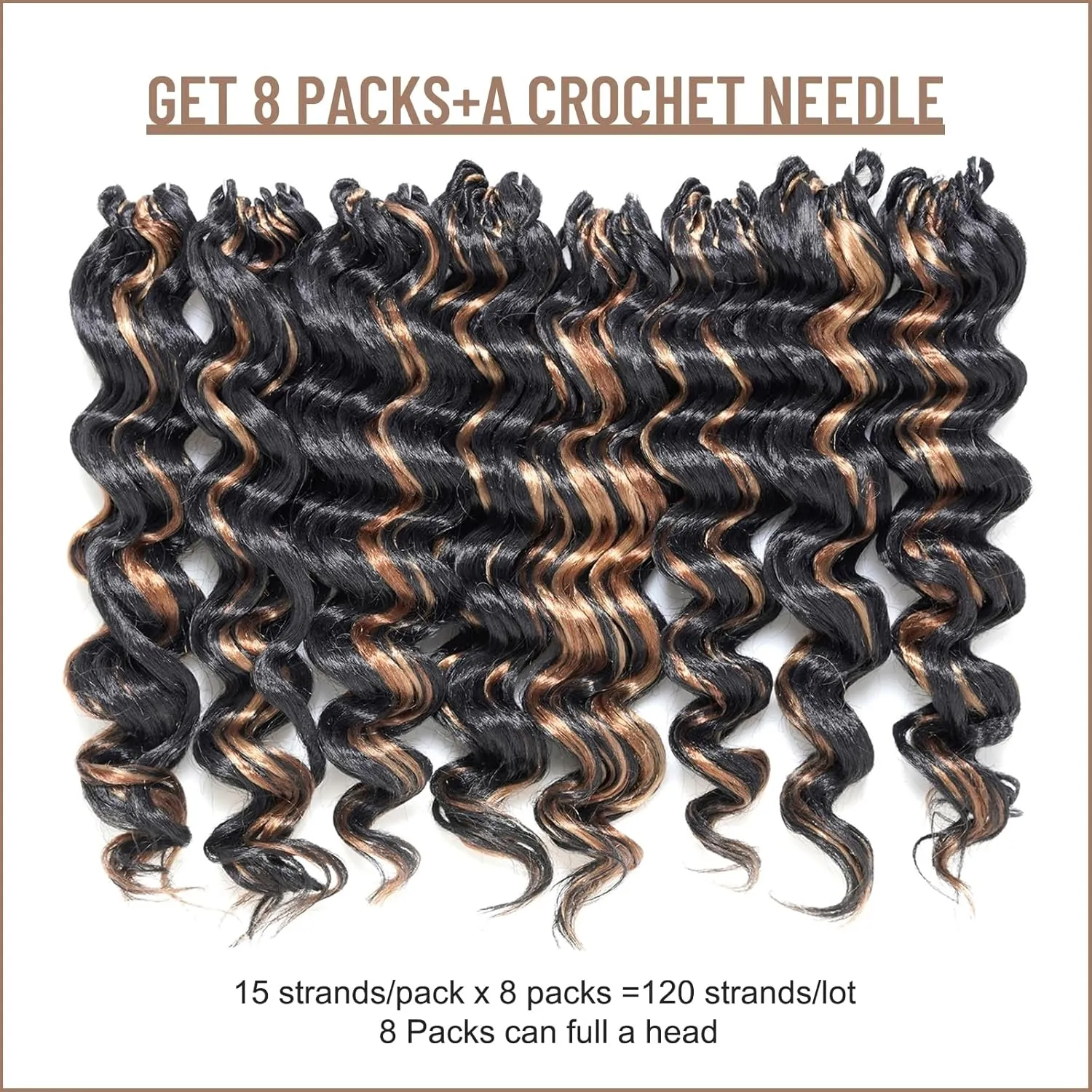 Toyotress Ocean Wave Crochet Hair - 16 Inch 8 Packs Brown Highlight 3 Tones Ocean Wave Braiding Hair, Beach Curl Deep Twist Synthetic Braiding Hair Extensions (16 Inch, P1B/30/27-8P)
