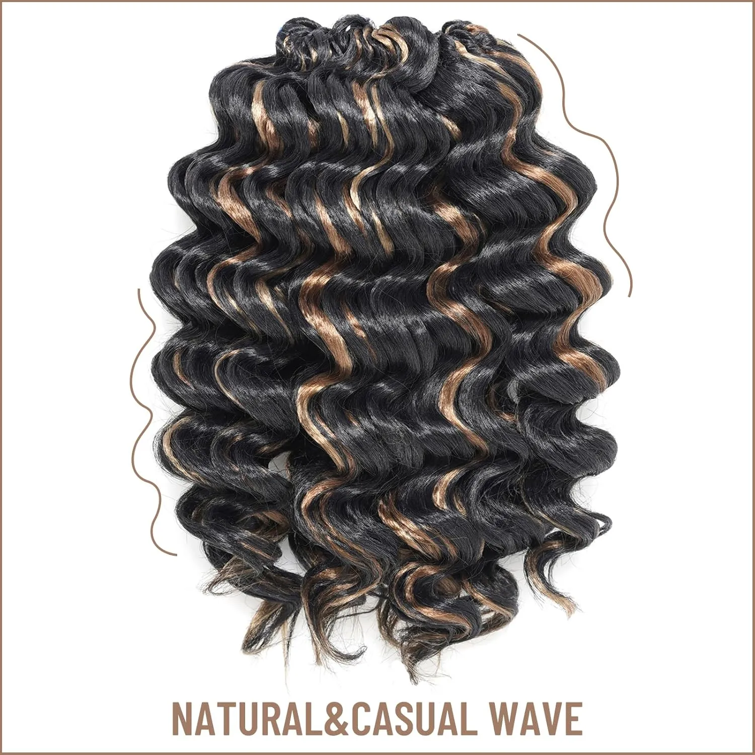 Toyotress Ocean Wave Crochet Hair - 16 Inch 8 Packs Brown Highlight 3 Tones Ocean Wave Braiding Hair, Beach Curl Deep Twist Synthetic Braiding Hair Extensions (16 Inch, P1B/30/27-8P)