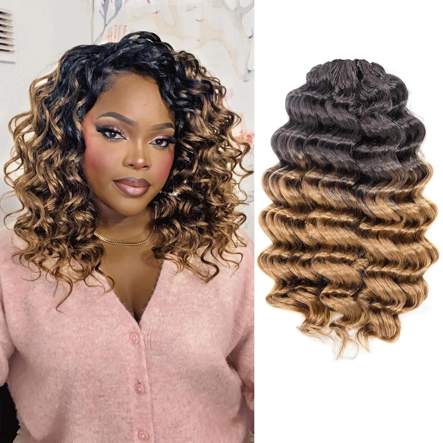 Toyotress Ocean Wave Crochet Hair - 9 Inch 8 Packs Ombre Blonde Ocean Wave Braiding Hair, Beach Curl Deep Twist Water Wave Short Curly Synthetic Hair Extensions (9 Inch, OT27-8P)