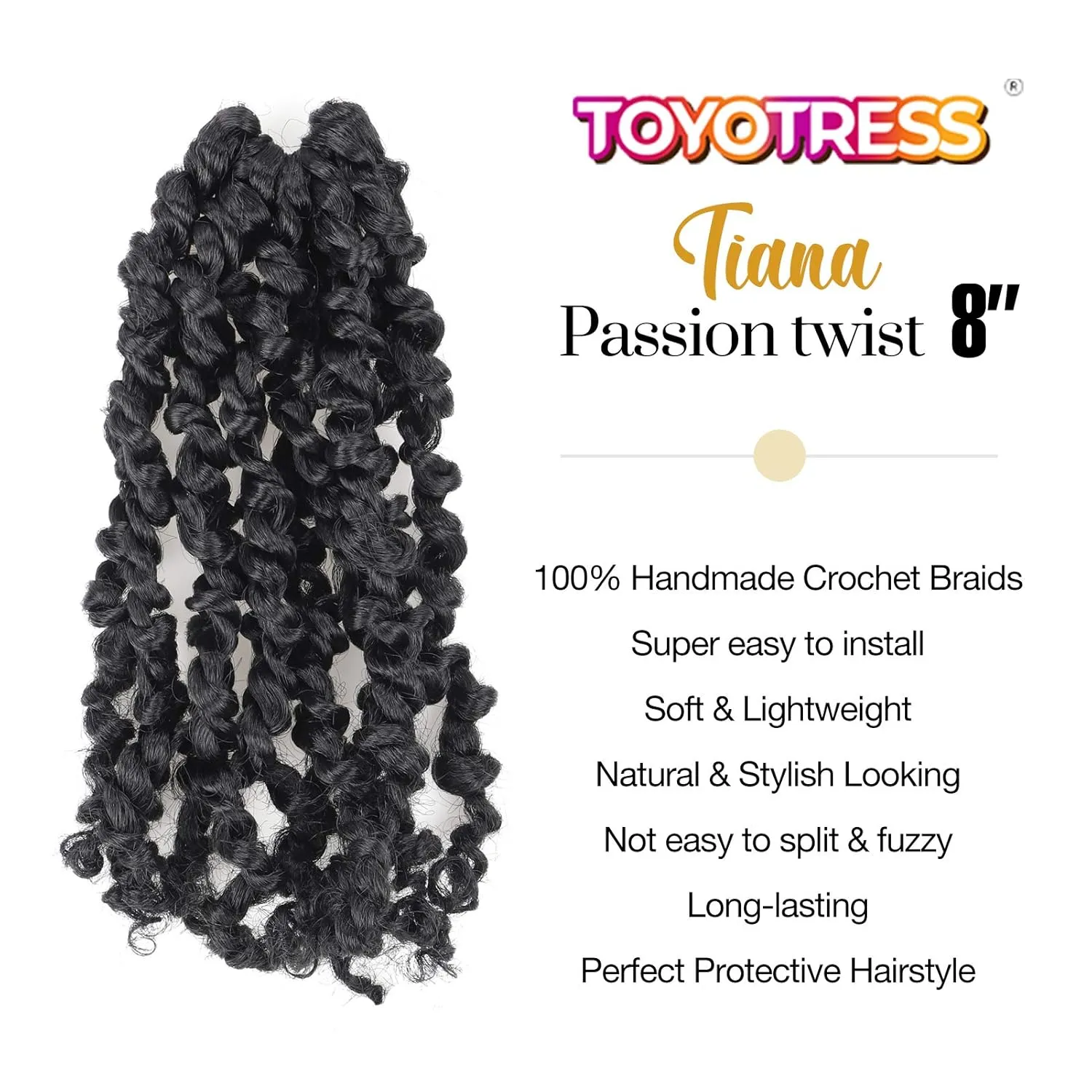 TOYOTRESS Tiana Passion Twist Hair - 8 inch 8 Pcs Pre-twisted Crochet Braids Natural Black, Synthetic Braiding Hair Extensions (8 Inch, 1B)