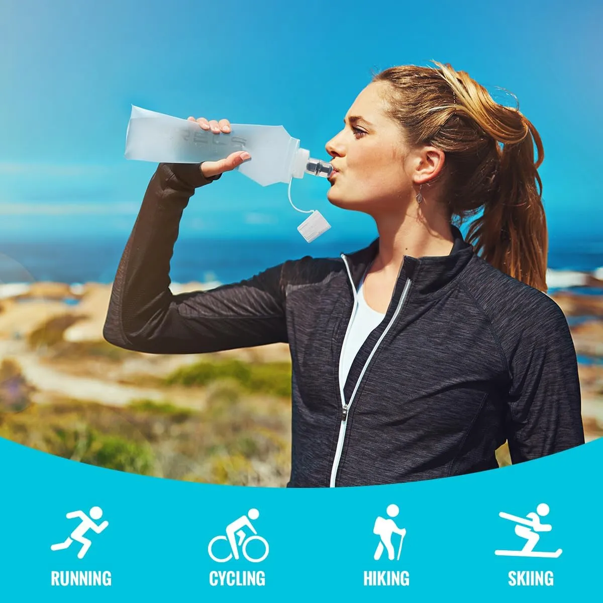 TPU Collapsible Soft Flask,Lightweight PBA Free Folding Running Water Bottles,Leakproof Durable Hydration Flask for Outdoors (500ml/16.9oz-2 Packs-Light Blue)