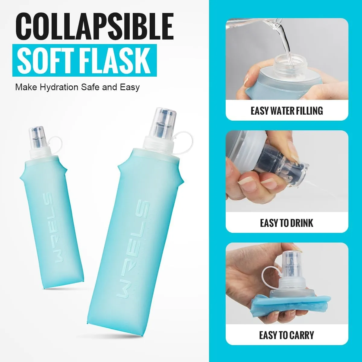 TPU Collapsible Soft Flask,Lightweight PBA Free Folding Running Water Bottles,Leakproof Durable Hydration Flask for Outdoors (500ml/16.9oz-2 Packs-Light Blue)