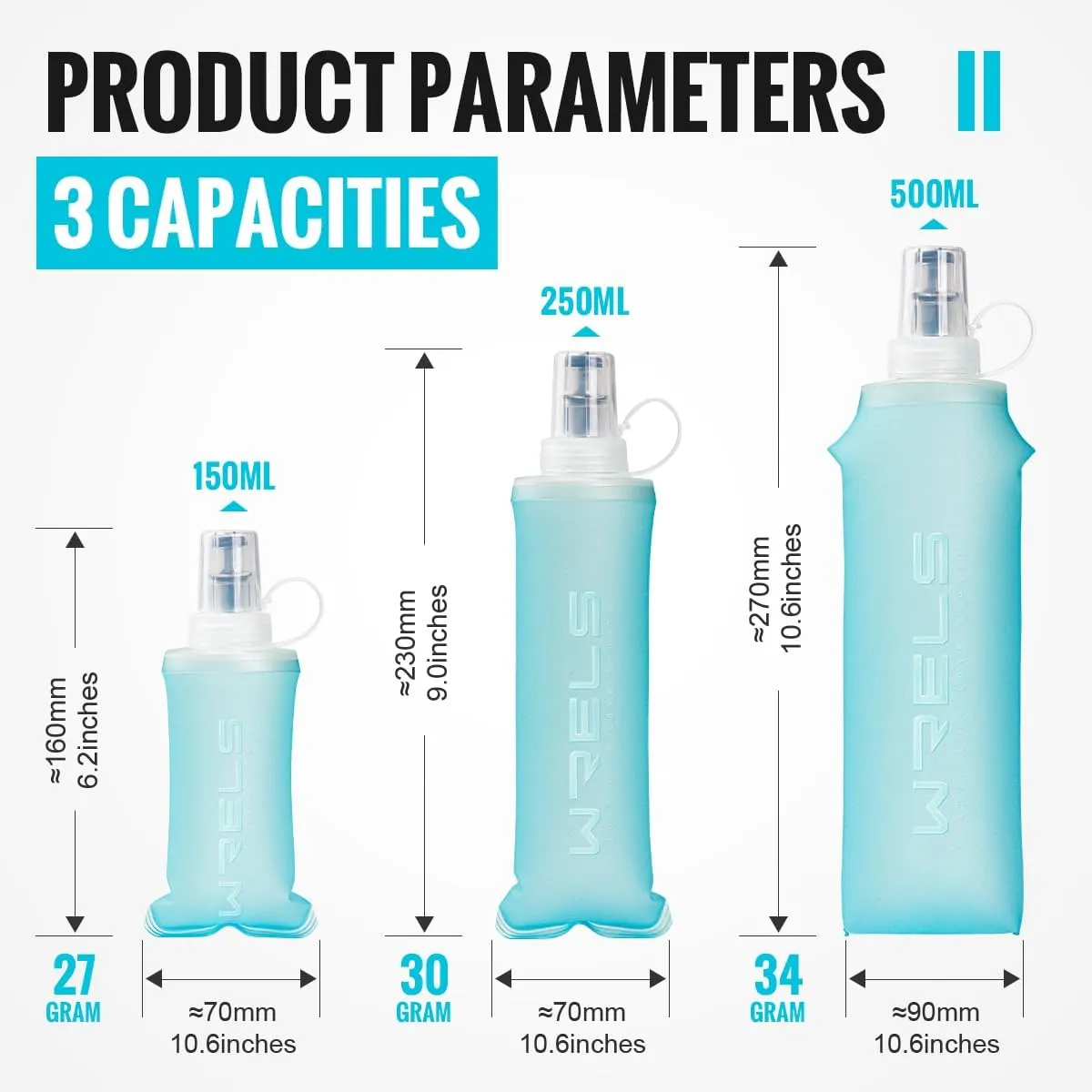 TPU Collapsible Soft Flask,Lightweight PBA Free Folding Running Water Bottles,Leakproof Durable Hydration Flask for Outdoors (500ml/16.9oz-2 Packs-Light Blue)