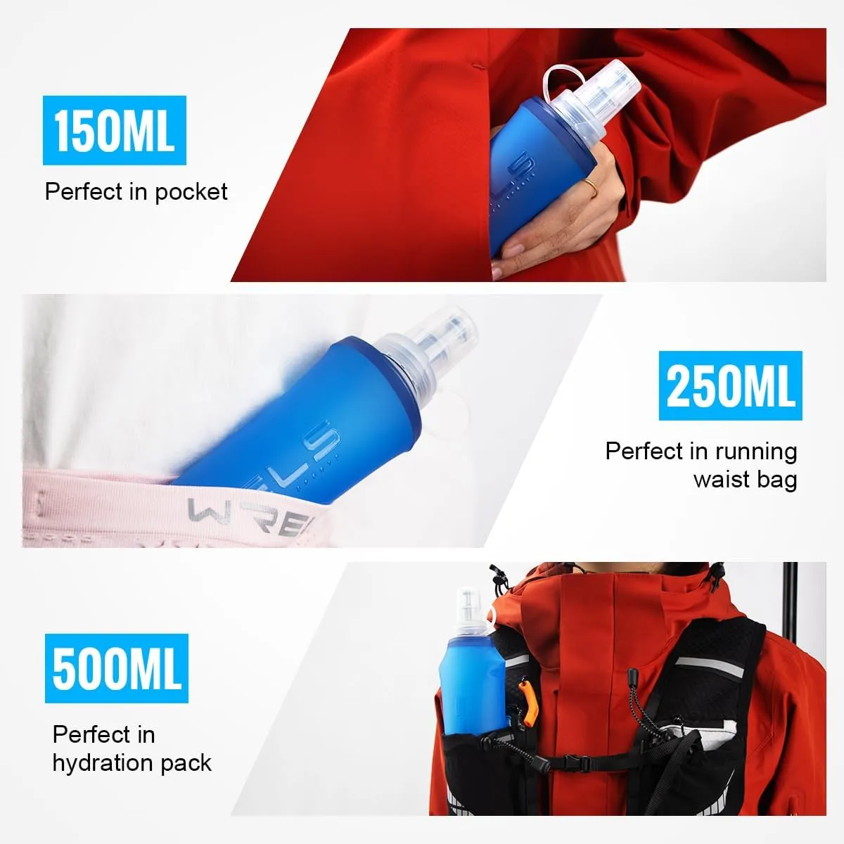TPU Collapsible Soft Flask,Lightweight PBA Free Folding Running Water Bottles,Leakproof Durable Hydration Flask for Outdoors (500ml/16.9oz-2 Packs-Light Blue)