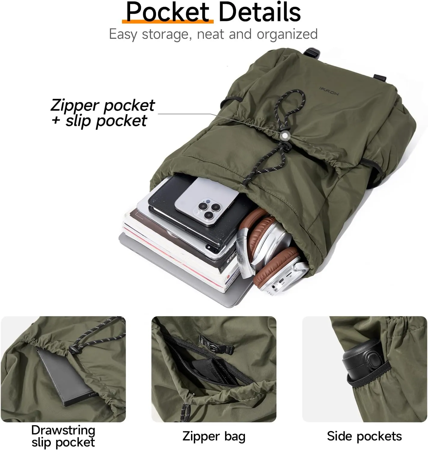 Travel Backpack for Men Women Lightweight Casual Daypacks with 16 Inch Laptop Compartment, Drawstring Hiking Backpack Waterproof (Green)