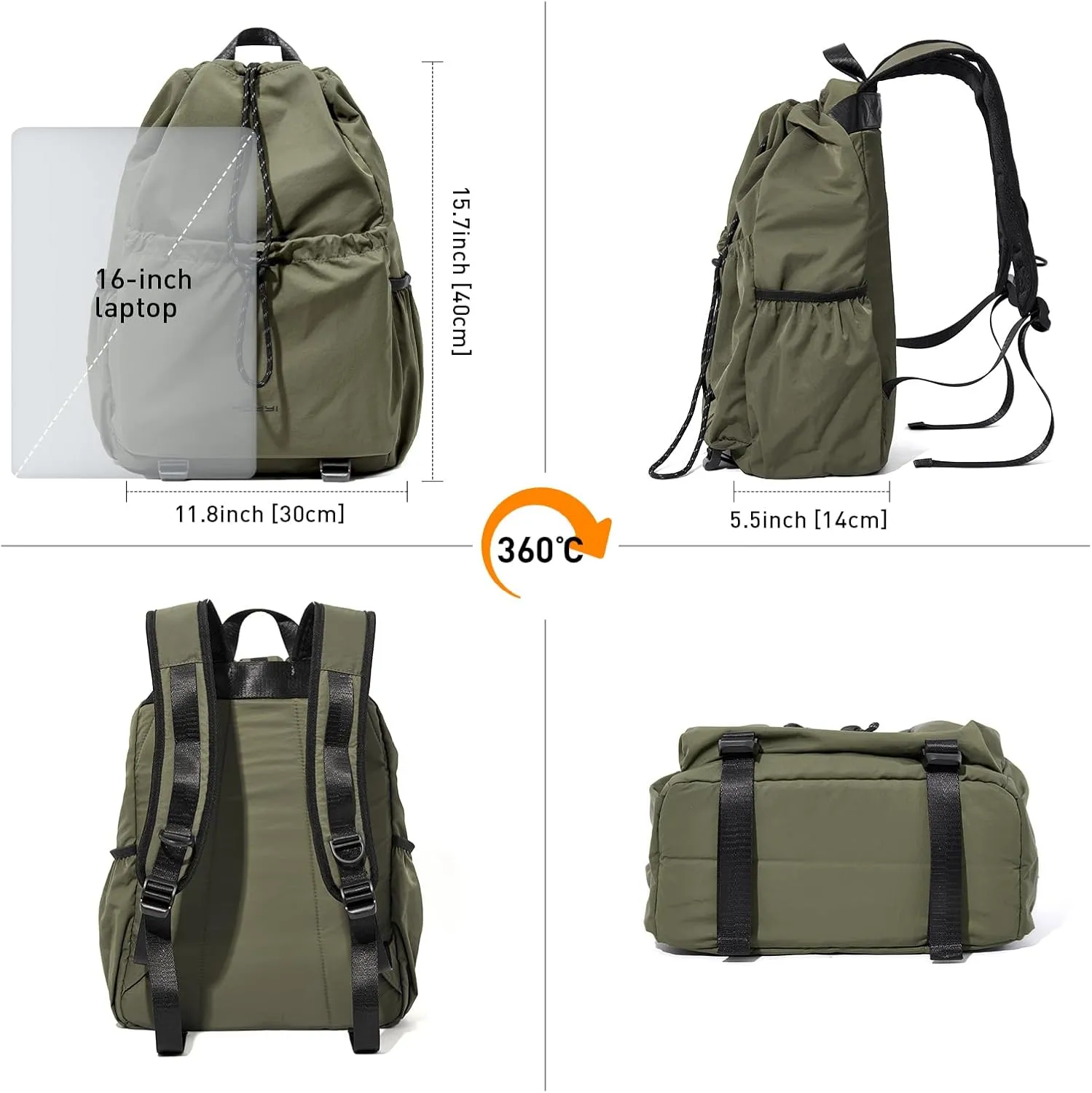 Travel Backpack for Men Women Lightweight Casual Daypacks with 16 Inch Laptop Compartment, Drawstring Hiking Backpack Waterproof (Green)
