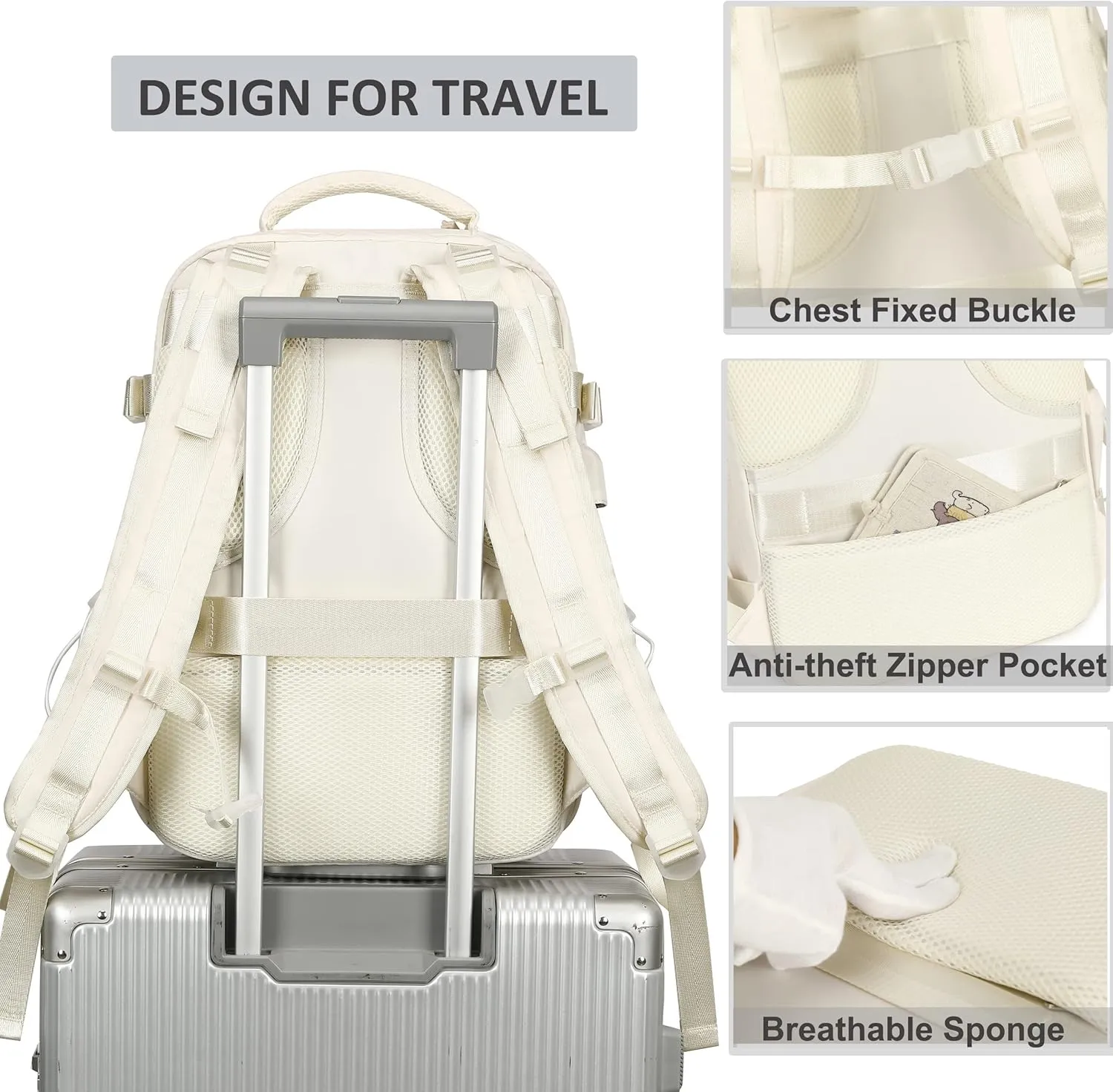 Travel Backpack for Women Men 15.6 Inch Laptop Backpacks with USB Port Carry on Backpack Flight Approved Large Back Packs College Bookbags Outdoor Sports Hiking Rucksack Casual Daypack (White)